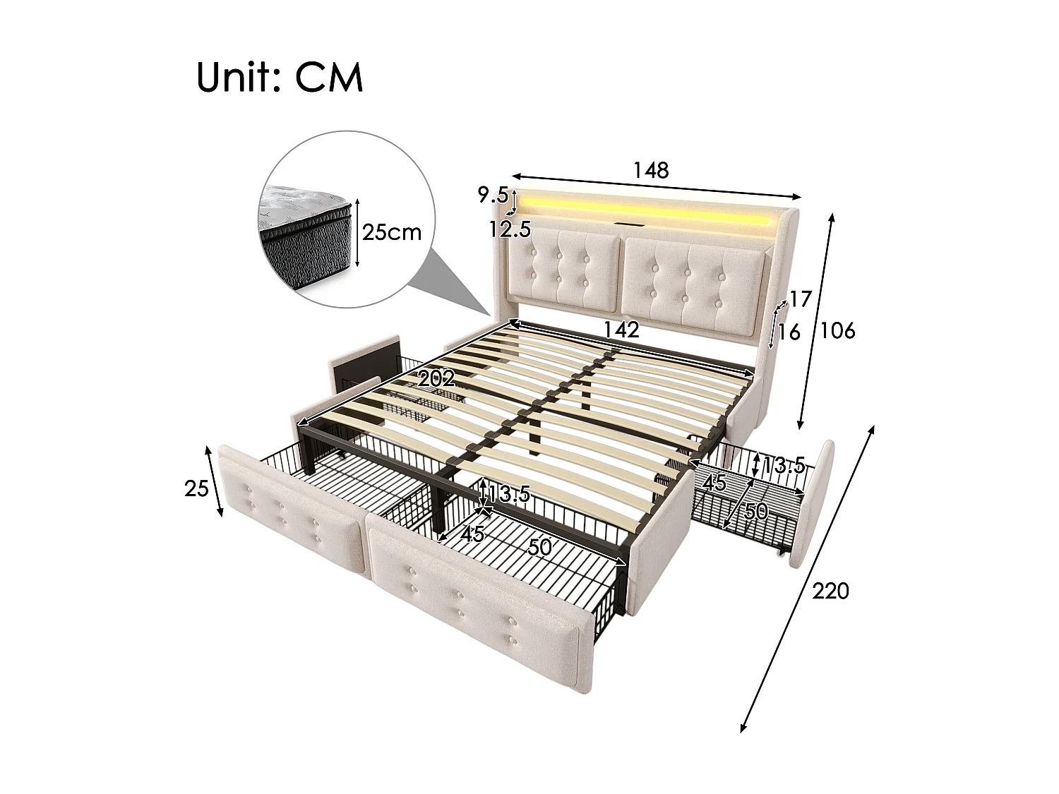 Lit double 140x200 cm, LED, ports USB et Type C, 4 tiroirs, tissu coton lin beige(Sans matelas)