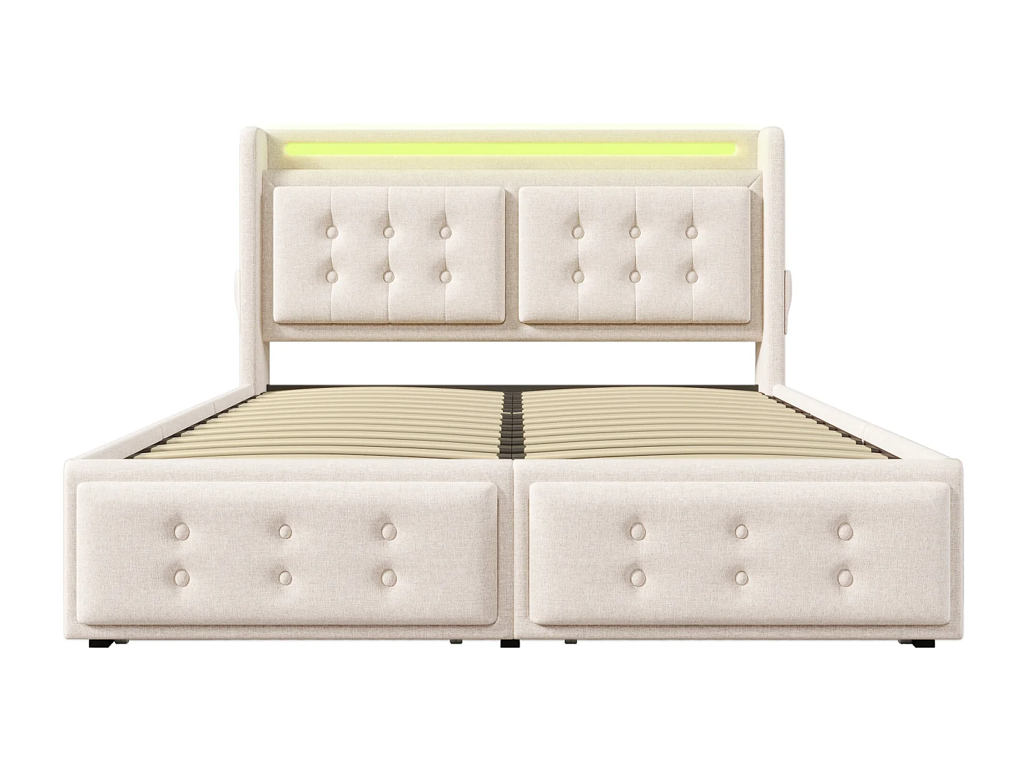 Lit double 140x200 cm, LED, ports USB et Type C, 4 tiroirs, tissu coton lin beige(Sans matelas)