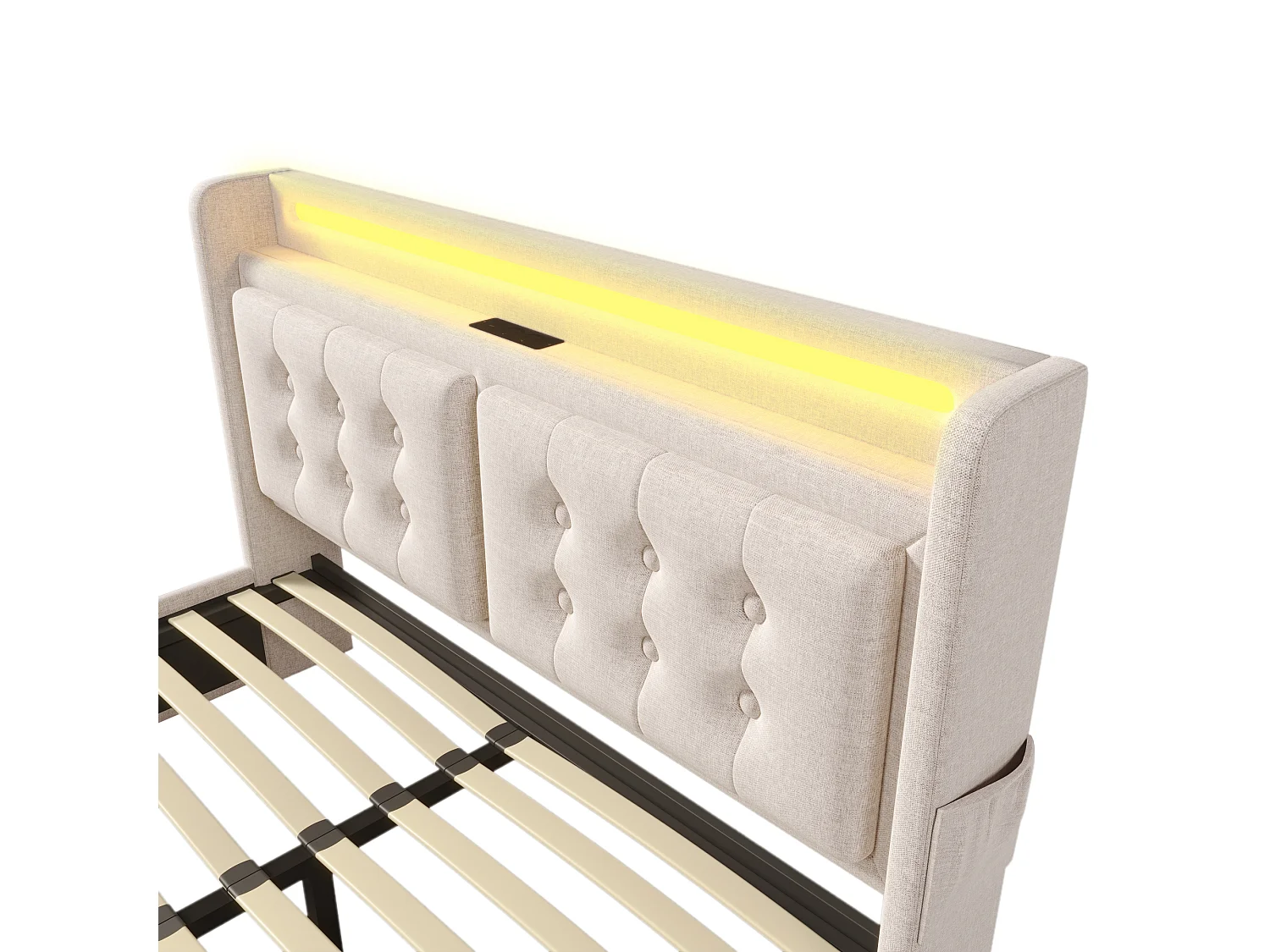 Lit double 140x200 cm, LED, ports USB et Type C, 4 tiroirs, tissu coton lin beige(Sans matelas)