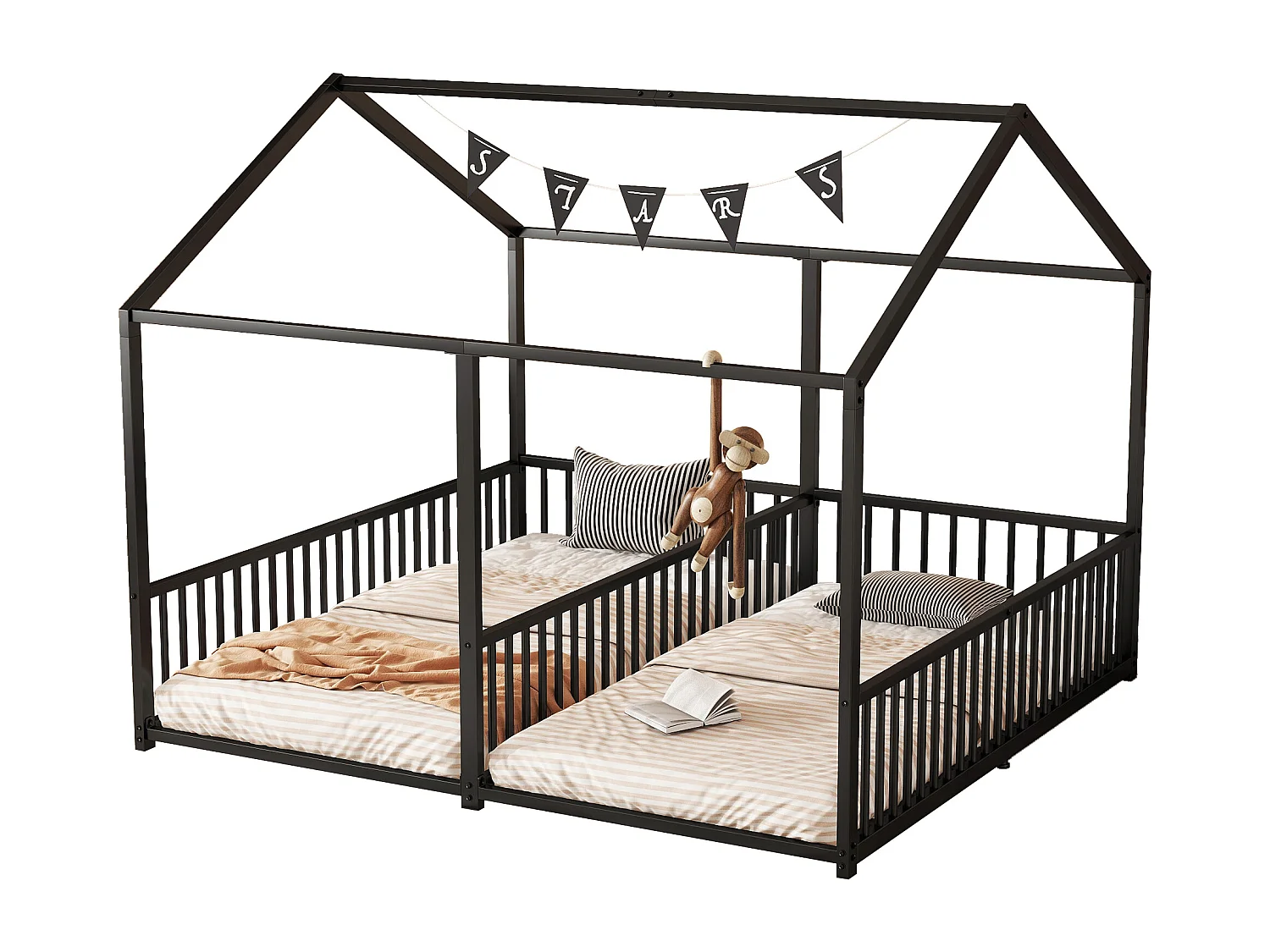 Lit enfant 90x200 cm avec échelle et barrières, forme maison, métal, noir (Sans matelas)