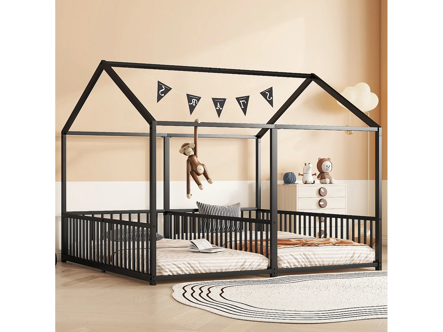 Lit enfant 90x200 cm avec échelle et barrières, forme maison, métal, noir (Sans matelas)