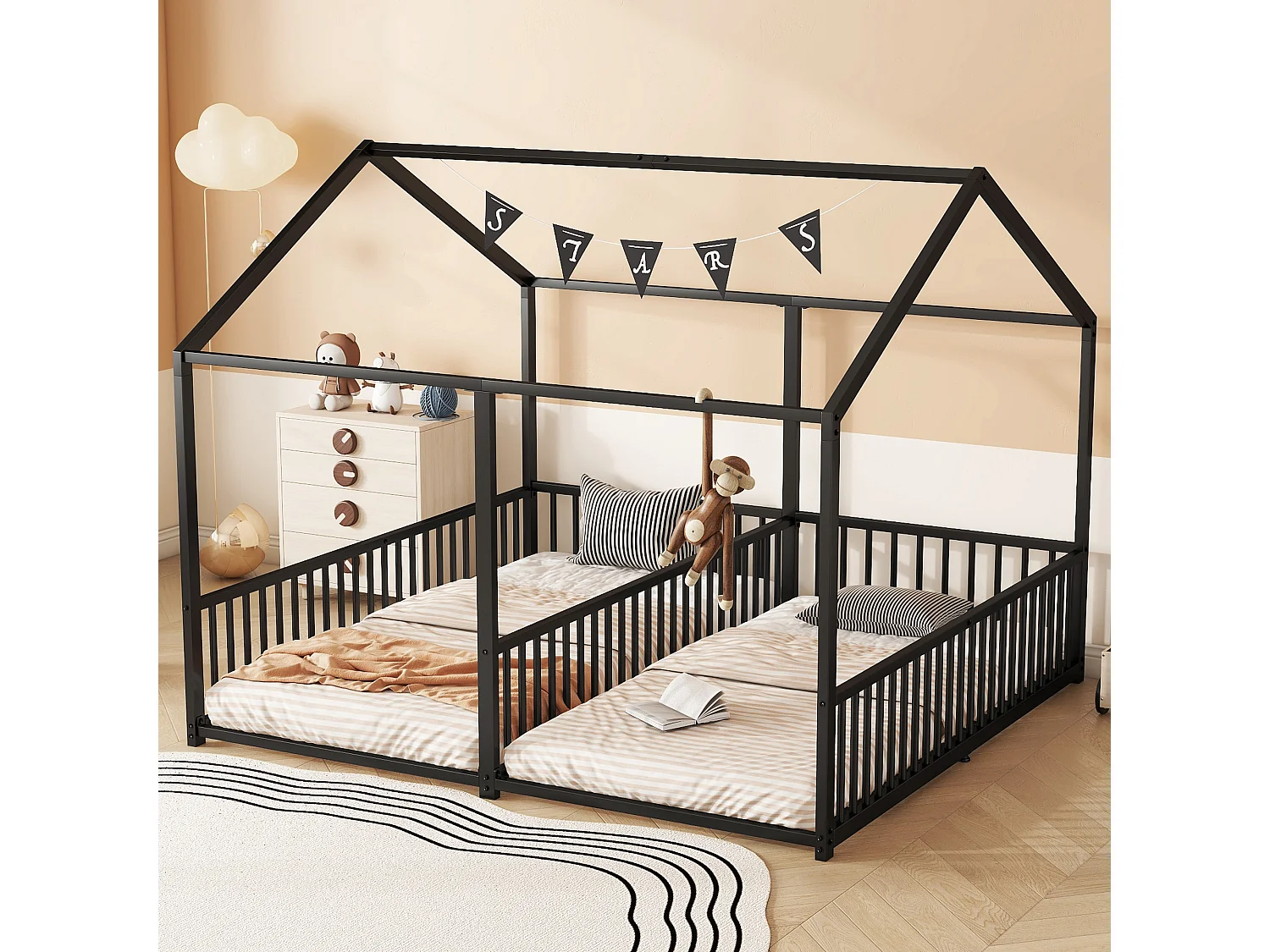 Lit enfant 90x200 cm avec échelle et barrières, forme maison, métal, noir (Sans matelas)