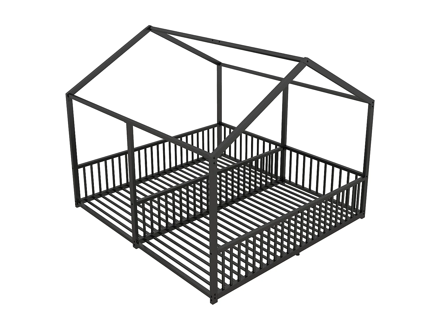 Lit enfant 90x200 cm avec échelle et barrières, forme maison, métal, noir (Sans matelas)