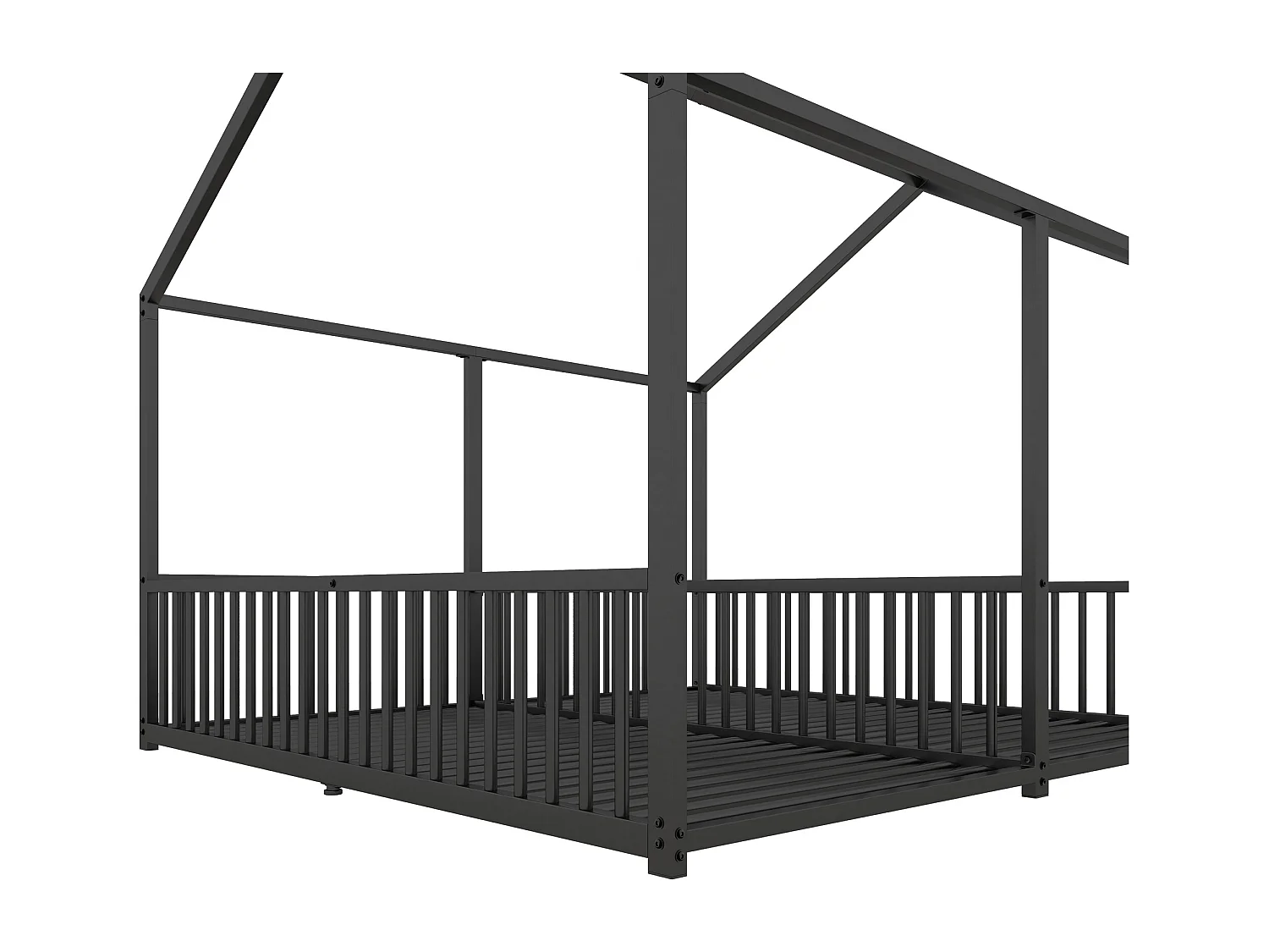 Lit enfant 90x200 cm avec échelle et barrières, forme maison, métal, noir (Sans matelas)