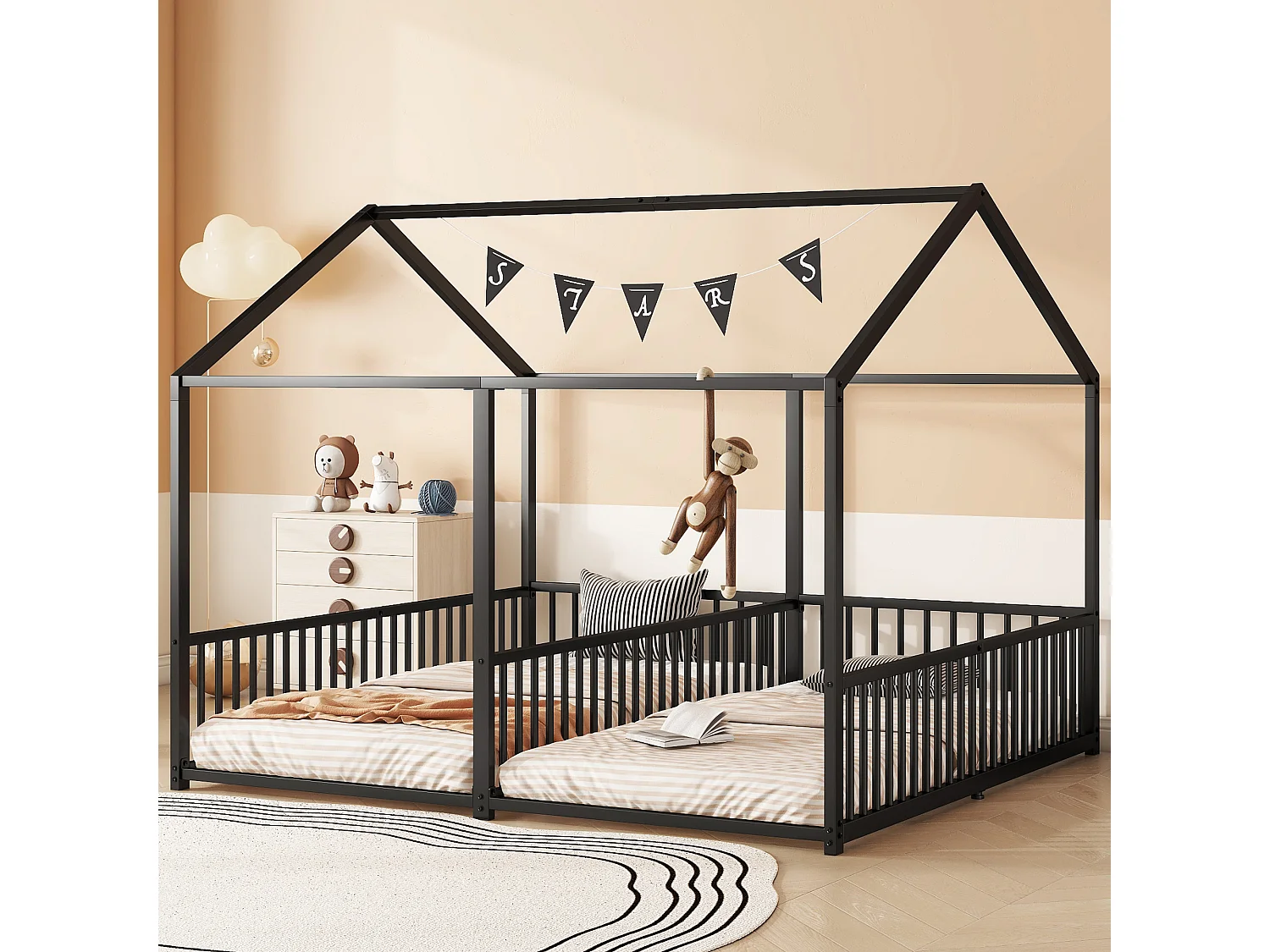 Lit enfant 90x200 cm avec échelle et barrières, forme maison, métal, noir (Sans matelas)