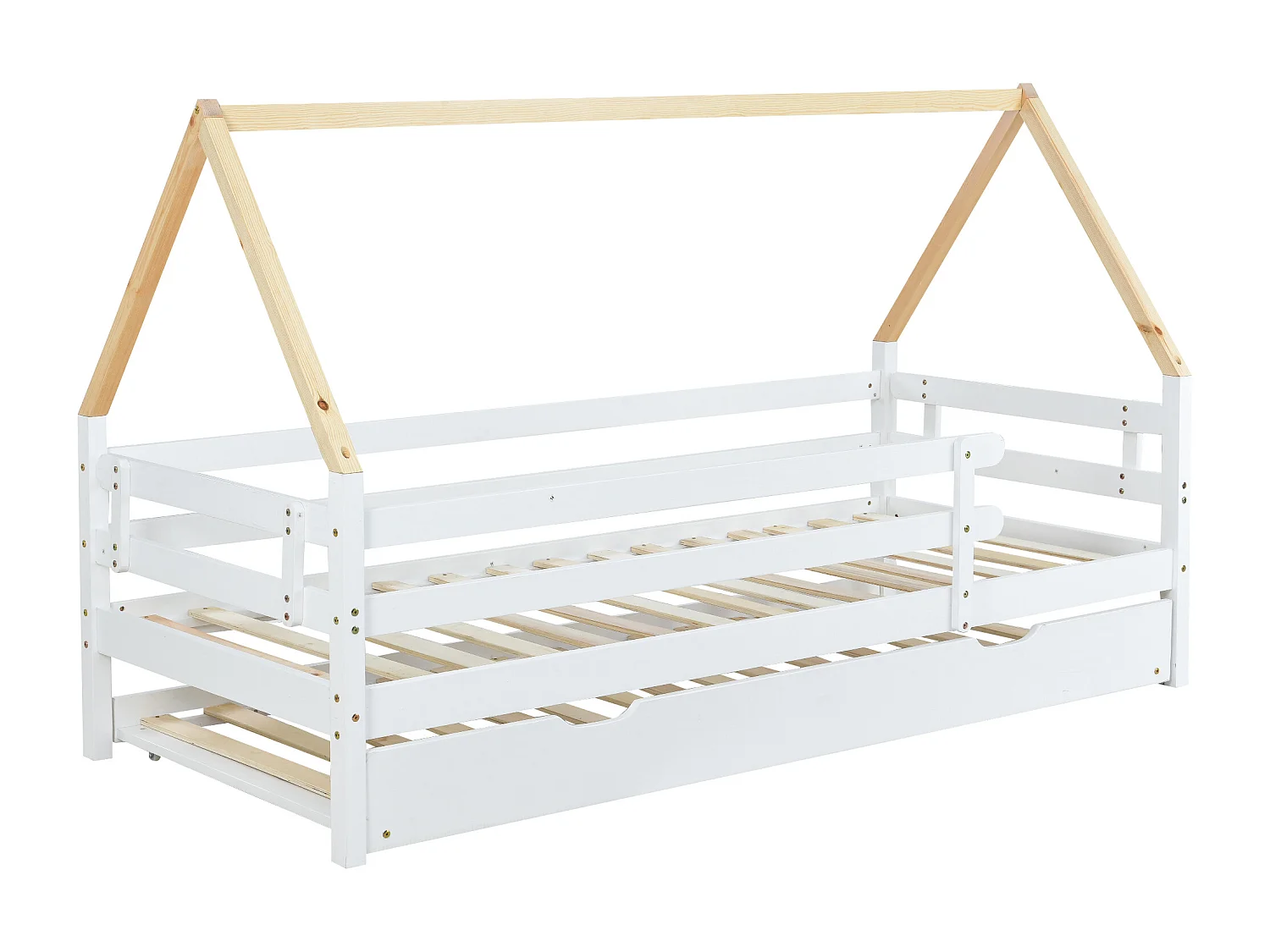 Lit enfant 90x200 cm avec lit gigogne à roulettes, barrières de sécurité, bois de pin, blanc et naturel (Sans matelas)