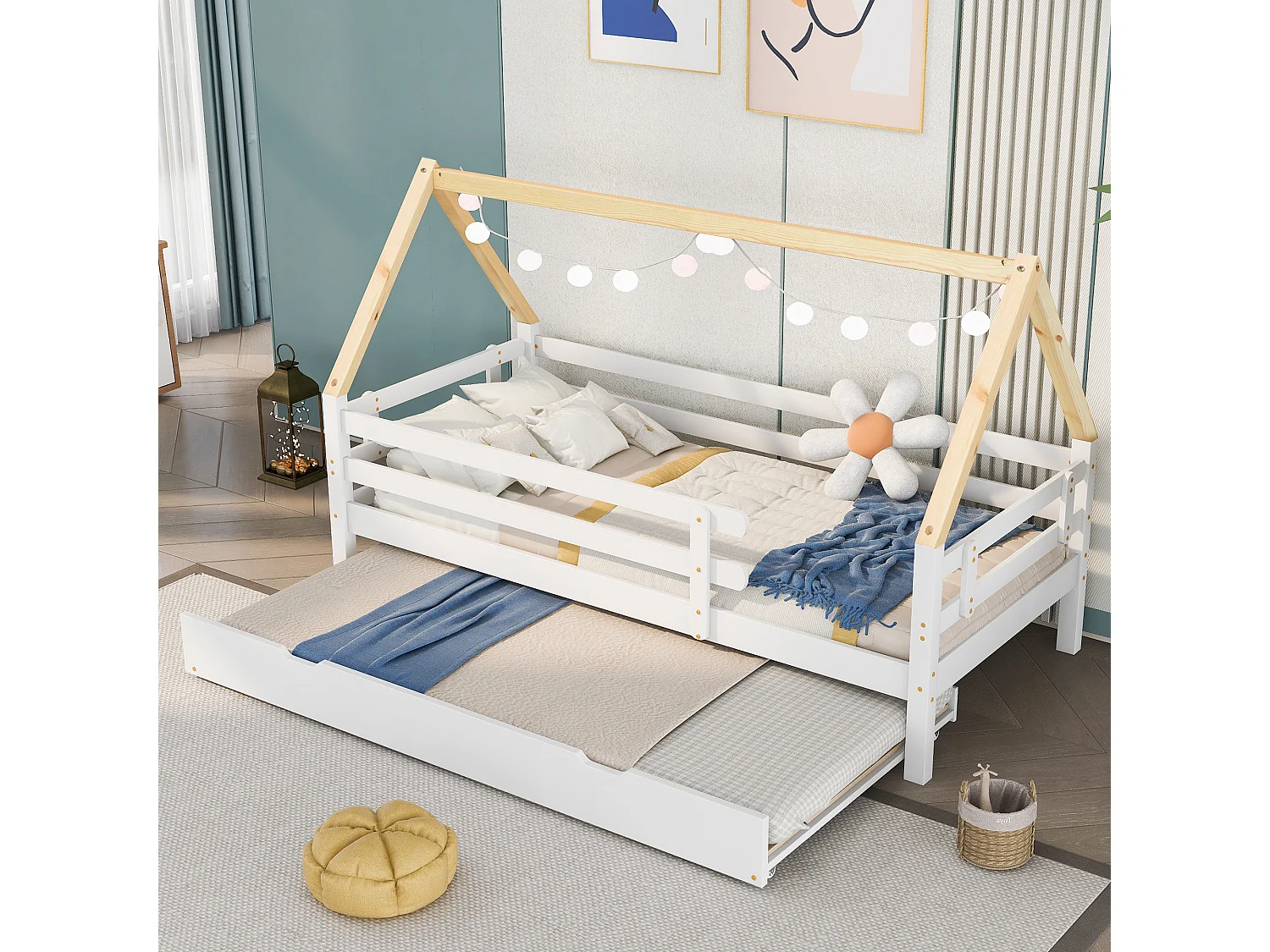 Lit enfant 90x200 cm avec lit gigogne à roulettes, barrières de sécurité, bois de pin, blanc et naturel (Sans matelas)