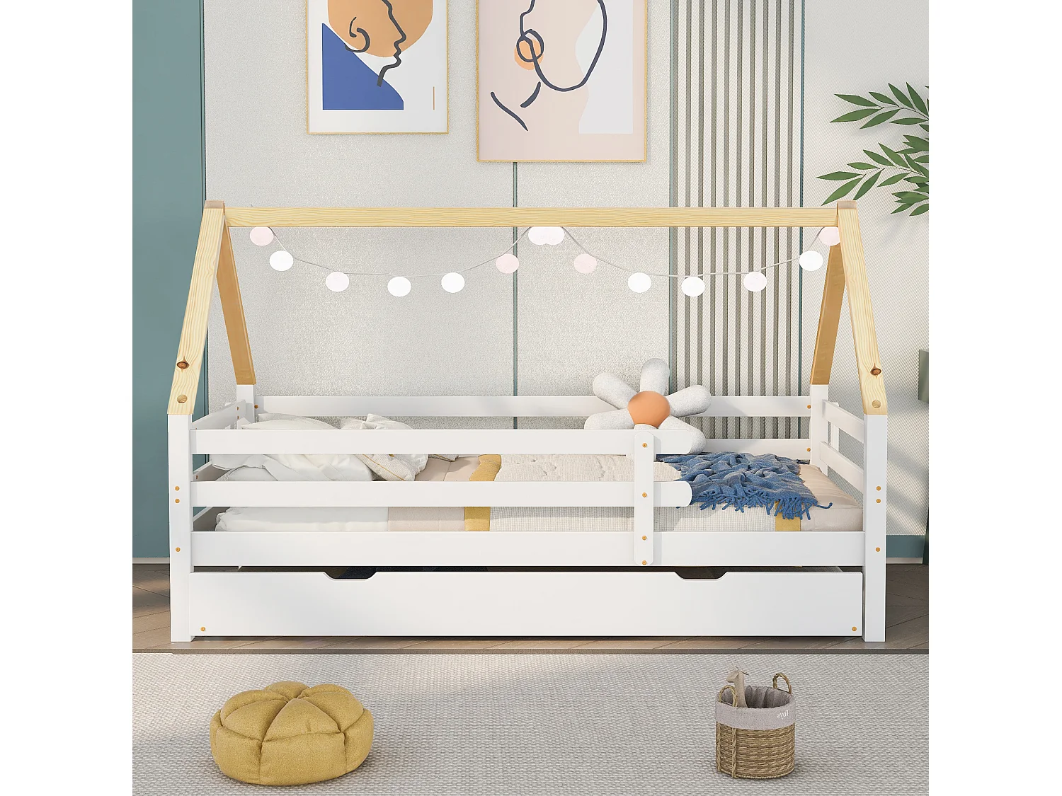 Lit enfant 90x200 cm avec lit gigogne à roulettes, barrières de sécurité, bois de pin, blanc et naturel (Sans matelas)