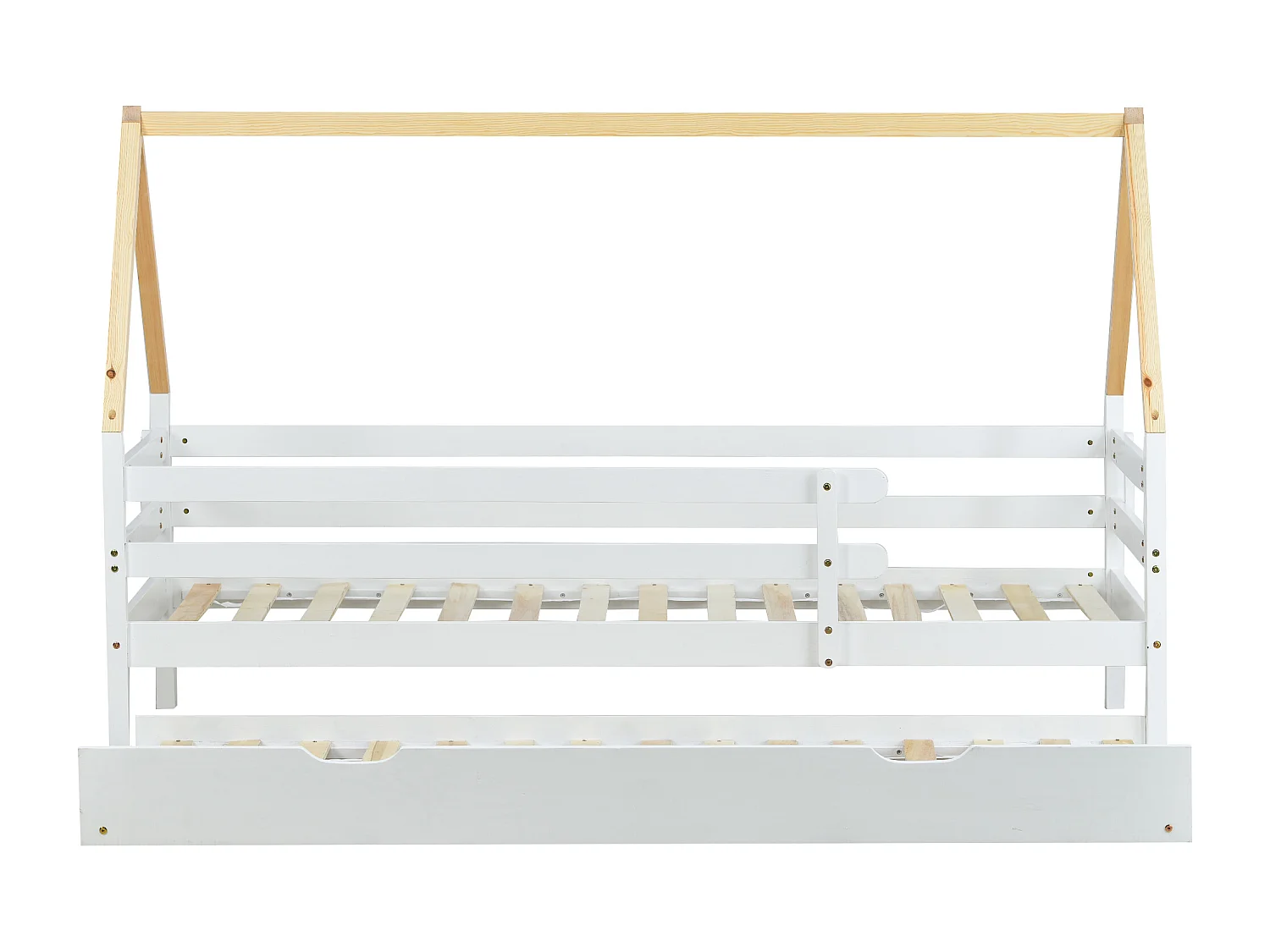 Lit enfant 90x200 cm avec lit gigogne à roulettes, barrières de sécurité, bois de pin, blanc et naturel (Sans matelas)