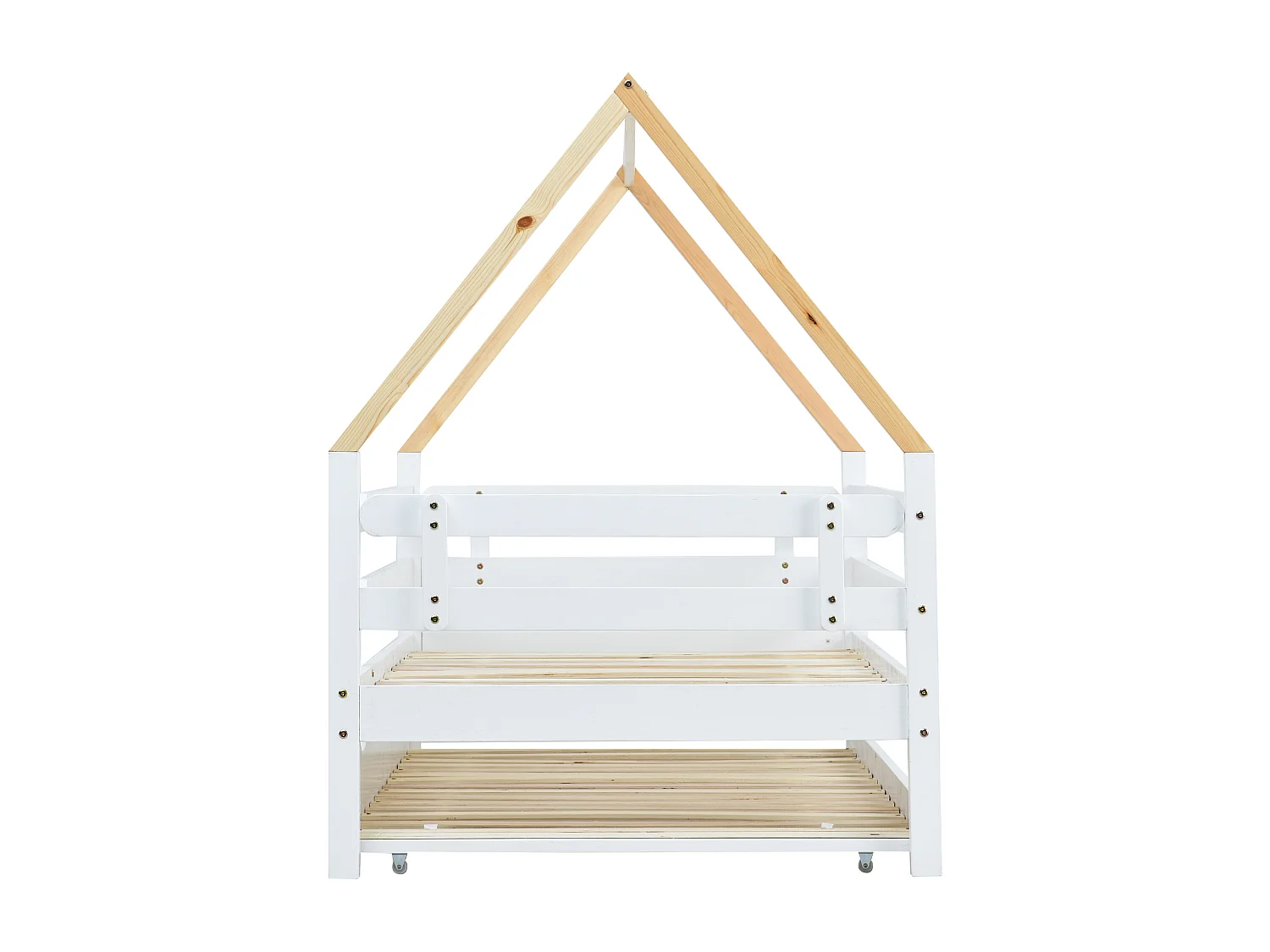 Lit enfant 90x200 cm avec lit gigogne à roulettes, barrières de sécurité, bois de pin, blanc et naturel (Sans matelas)