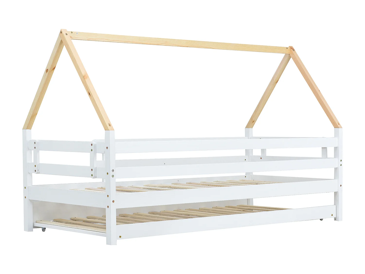 Lit enfant 90x200 cm avec lit gigogne à roulettes, barrières de sécurité, bois de pin, blanc et naturel (Sans matelas)