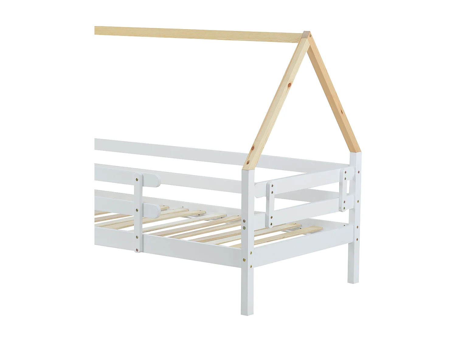 Lit enfant 90x200 cm avec lit gigogne à roulettes, barrières de sécurité, bois de pin, blanc et naturel (Sans matelas)