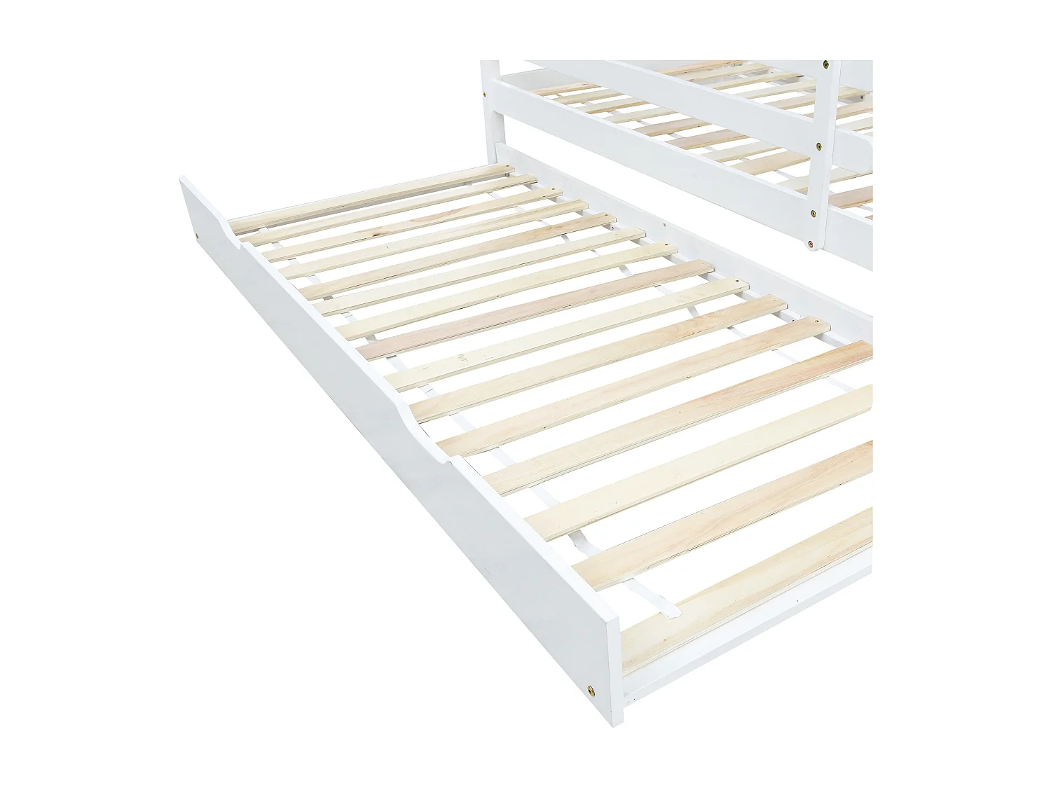 Lit enfant 90x200 cm avec lit gigogne à roulettes, barrières de sécurité, bois de pin, blanc et naturel (Sans matelas)