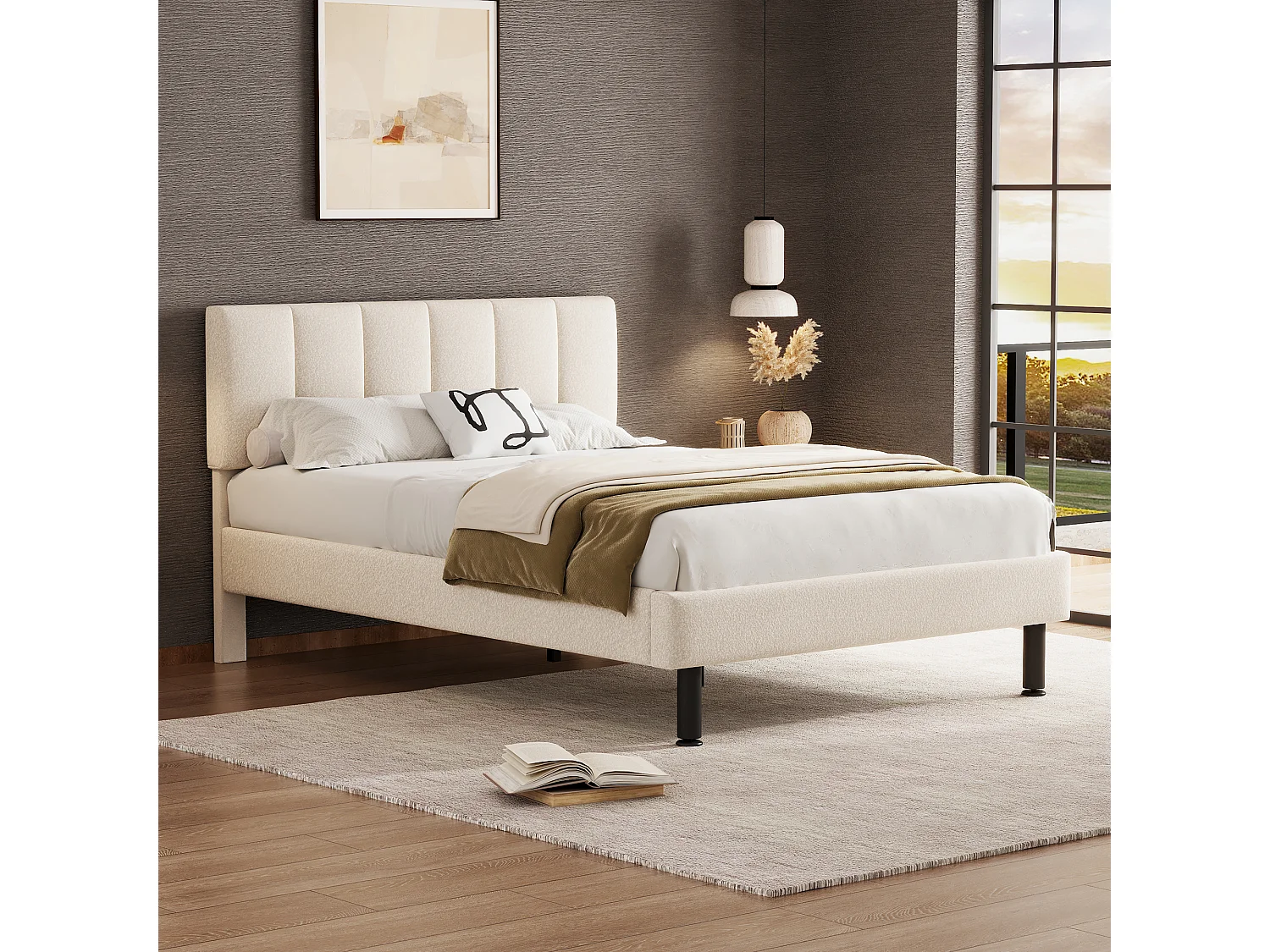 Lit double 140x190 cm, sommier à lattes inclus, design simple, pieds en fer, tissu sherpa beige(Sans matelas)