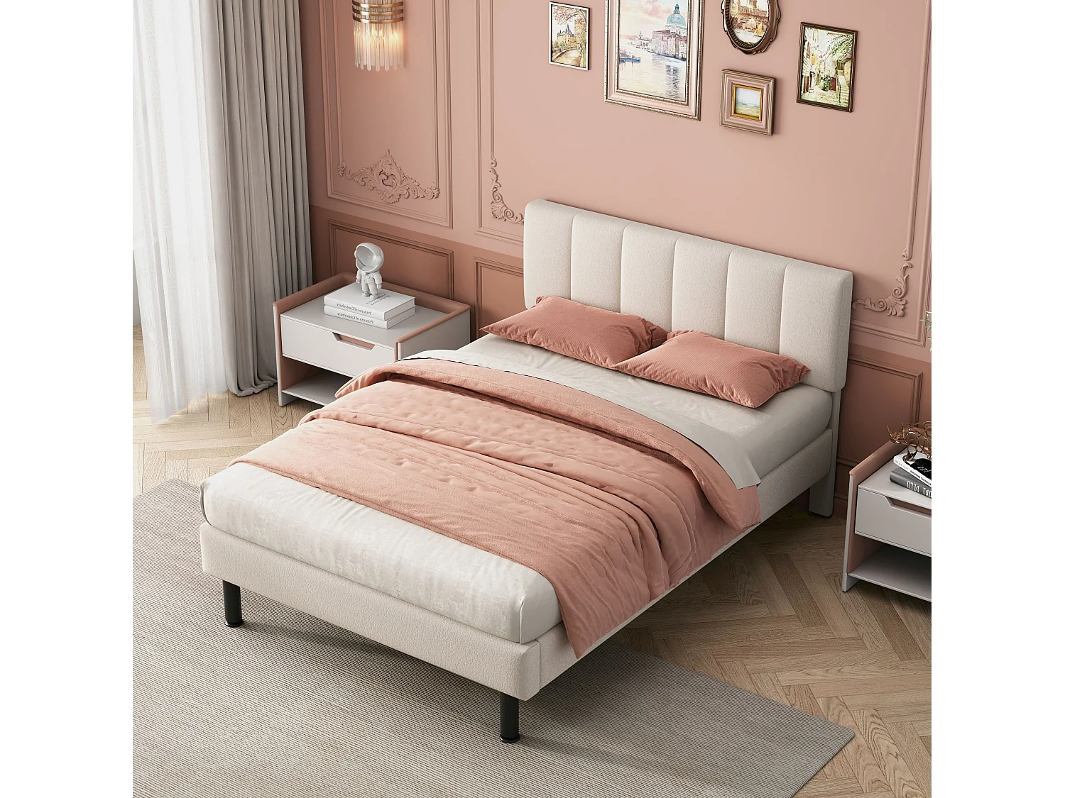 Lit double 140x190 cm, sommier à lattes inclus, design simple, pieds en fer, tissu sherpa beige(Sans matelas)