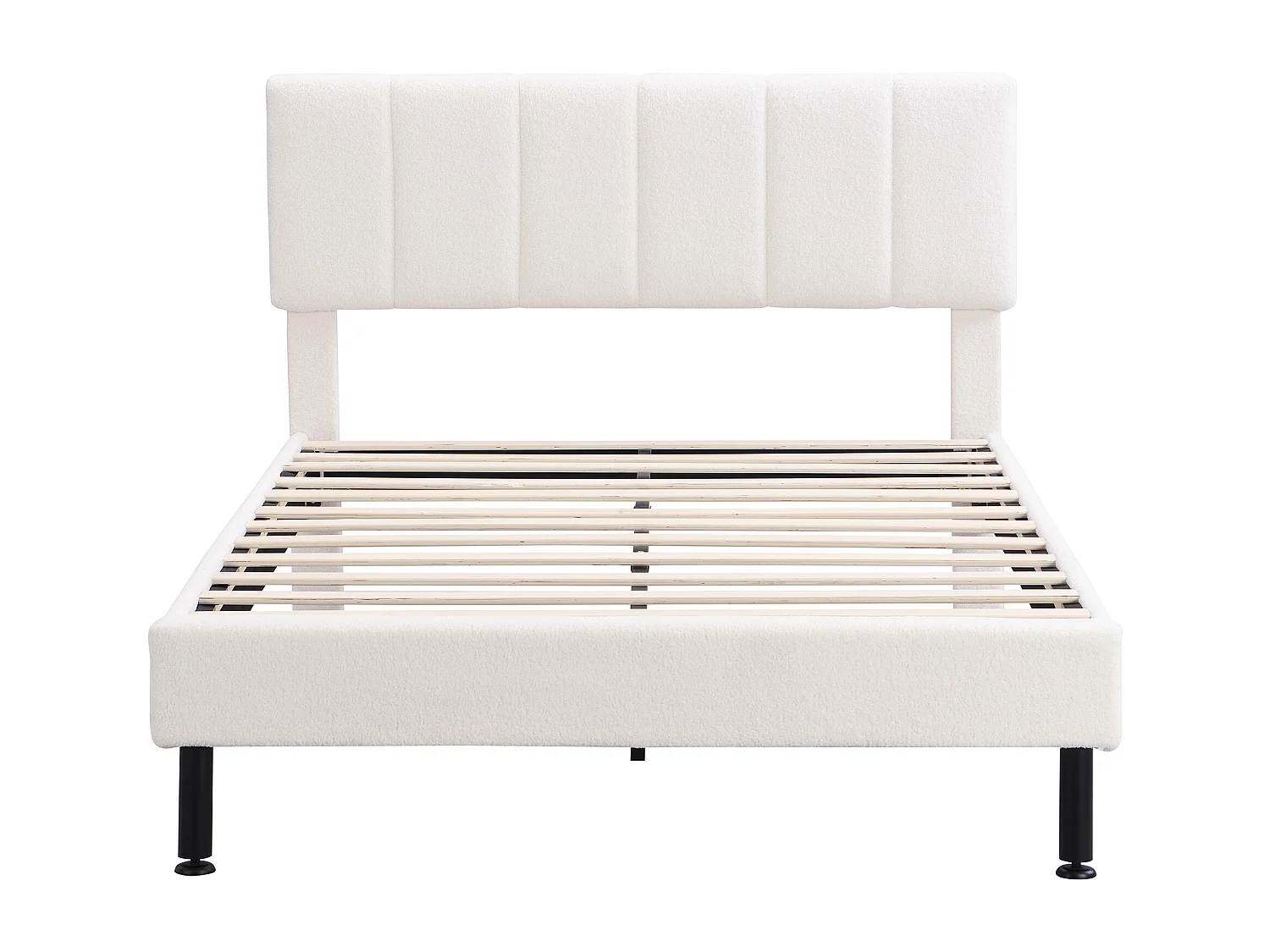 Lit double 140x190 cm, sommier à lattes inclus, design simple, pieds en fer, tissu sherpa beige(Sans matelas)