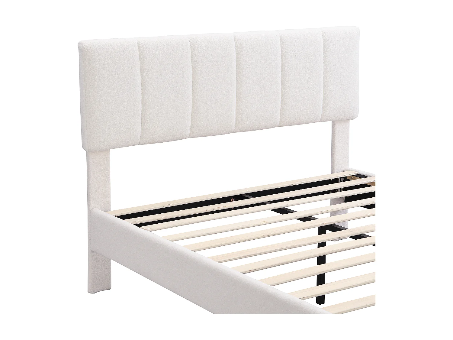 Lit double 140x190 cm, sommier à lattes inclus, design simple, pieds en fer, tissu sherpa beige(Sans matelas)