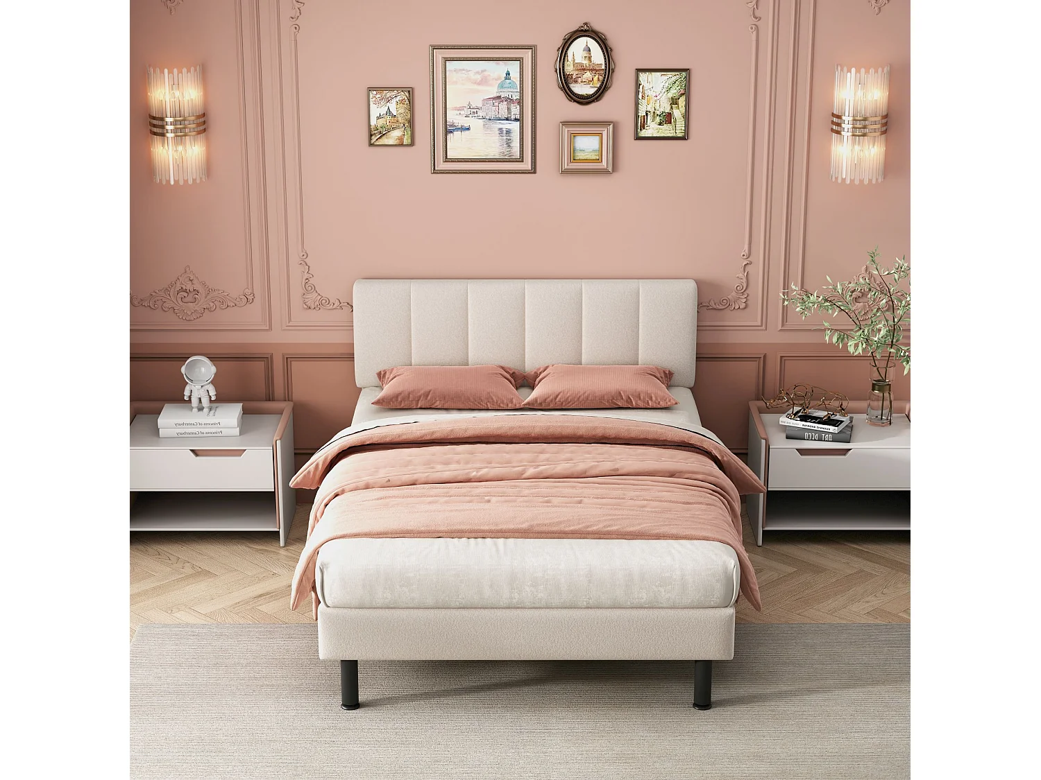 Lit double 140x190 cm, sommier à lattes inclus, design simple, pieds en fer, tissu sherpa beige(Sans matelas)