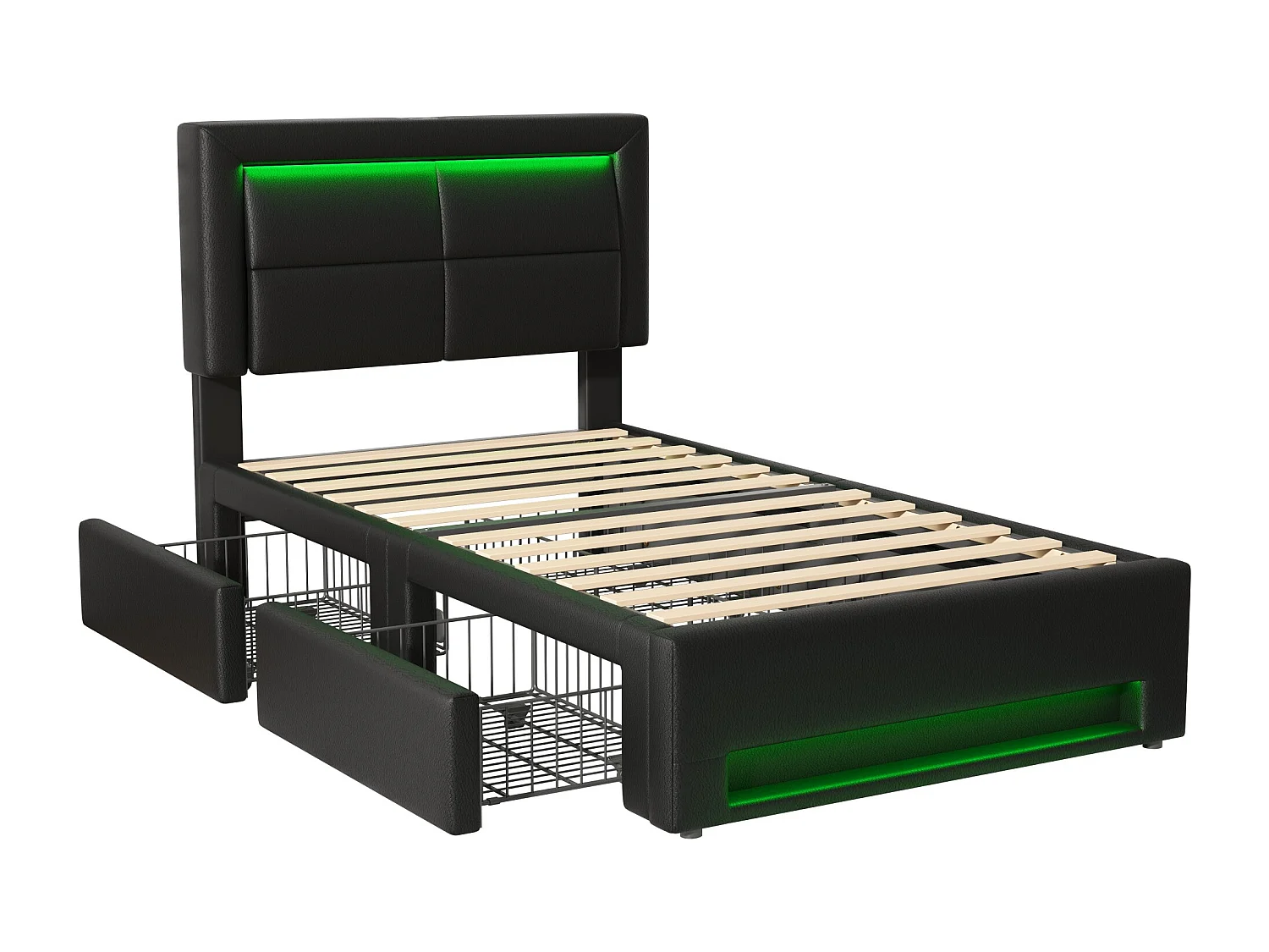 Lit simple 90x190 cm avec USB, LED et 4 tiroirs, sommier à lattes stable, PU noir(Sans matelas)