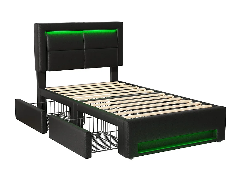Lit enfant 90x190 cm avec sommier - tête de lit capitonnée avec USB LED et 4 tiroirs - similicuir - noir (sans matelas)