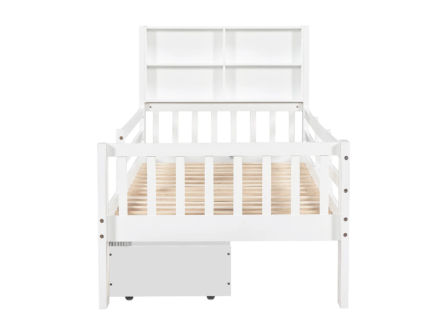 Lit enfant 90x200 cm, avec tableau et 2 tiroirs, barrière de sécurité, bois massif et MDF blanc(Sans matelas)