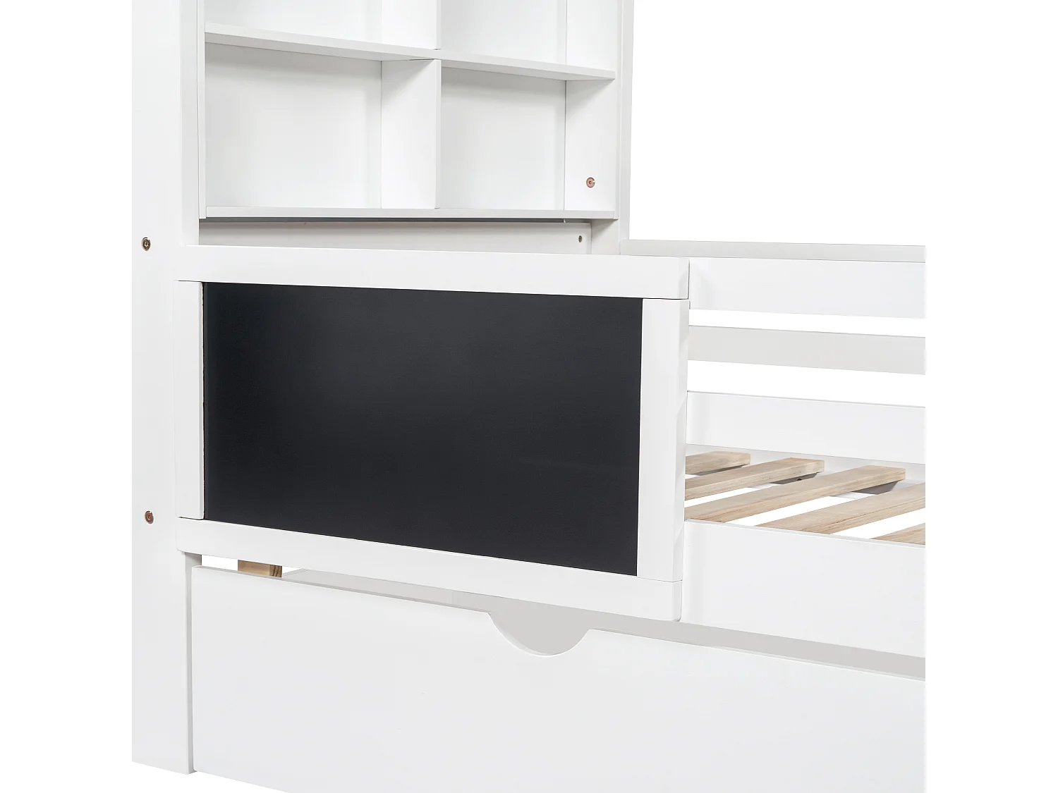 Lit enfant 90x200 cm, avec tableau et 2 tiroirs, barrière de sécurité, bois massif et MDF blanc(Sans matelas)