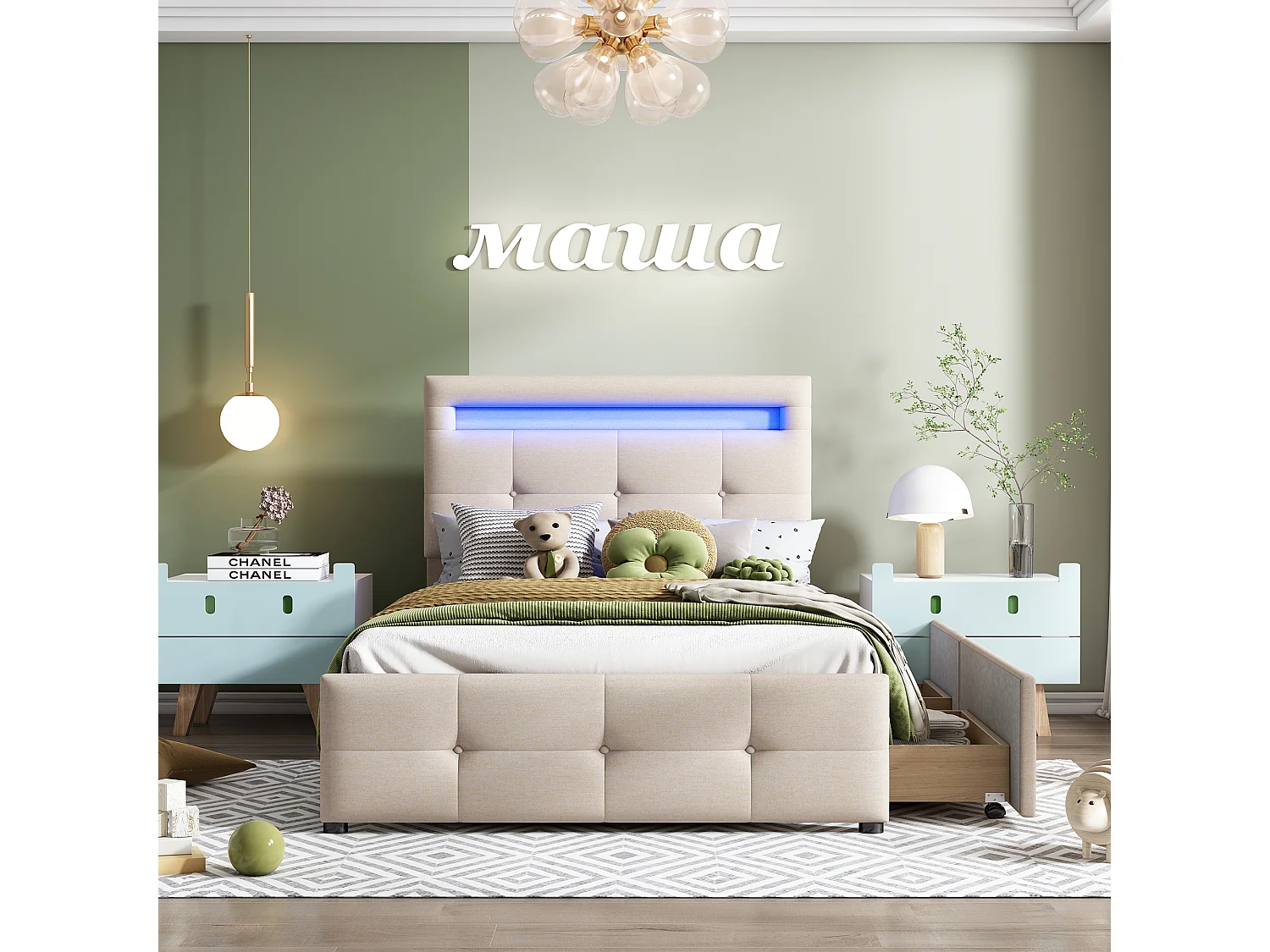 Lit enfant 90x200cm avec LED Deux tiroirs sommier à lattes en beige pour enfants et adolescents