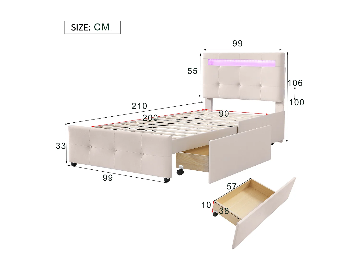 Lit simple 90x200 cm avec LED et 2 tiroirs, tête de lit réglable, revêtement rembourré, beige (Sans matelas)