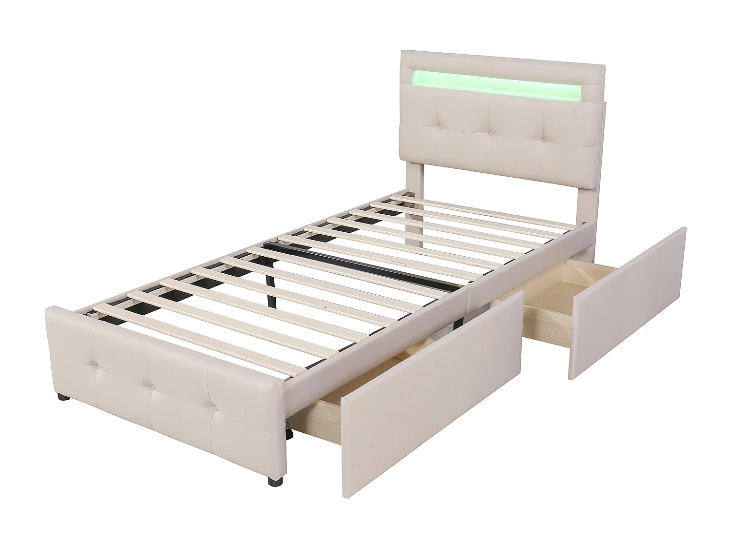Lit simple 90x200 cm avec LED et 2 tiroirs, tête de lit réglable, revêtement rembourré, beige (Sans matelas)
