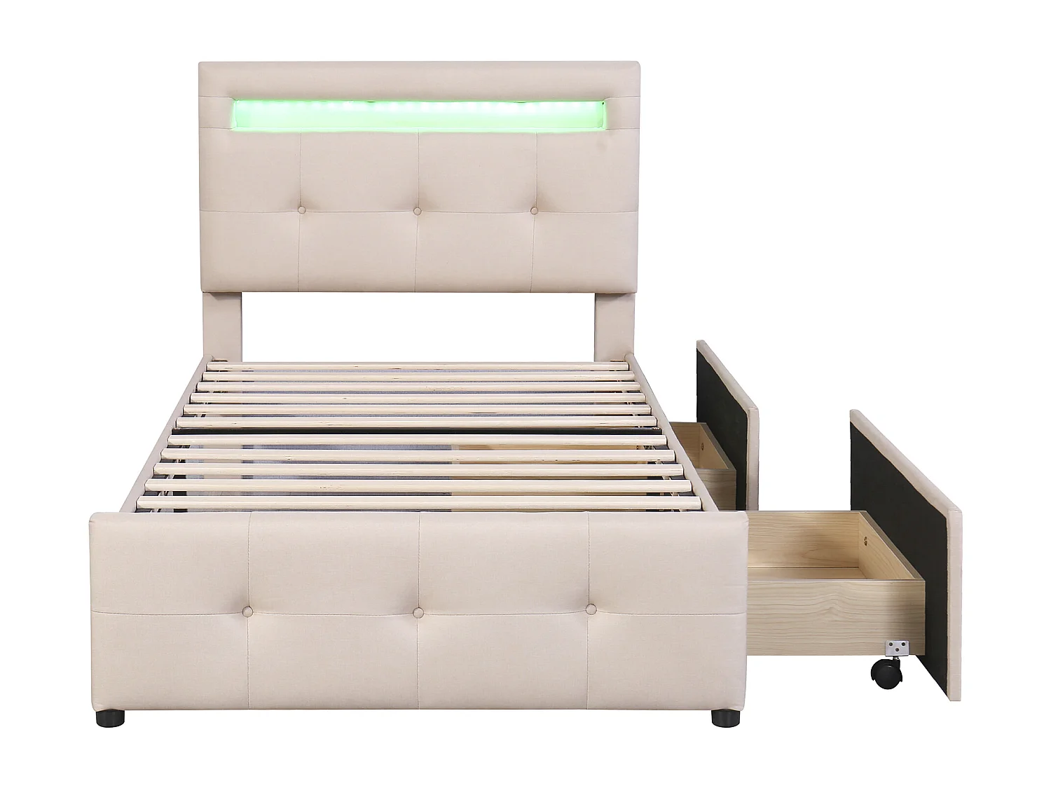 Lit simple 90x200 cm avec LED et 2 tiroirs, tête de lit réglable, revêtement rembourré, beige (Sans matelas)