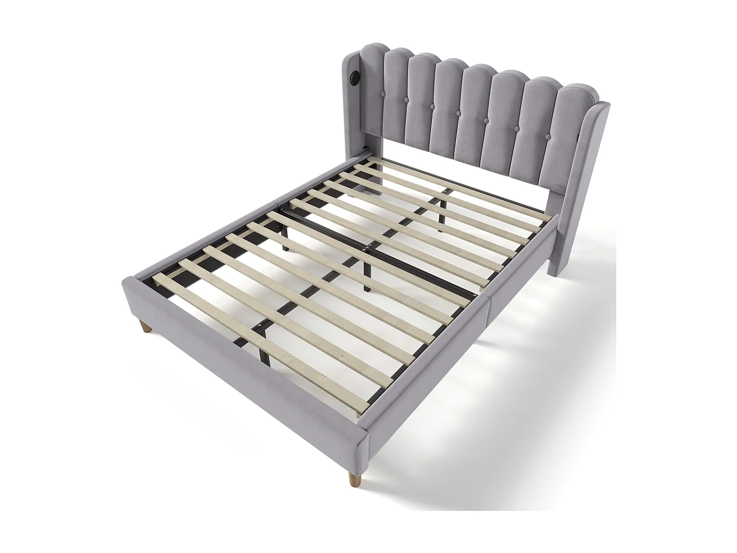 Lit double 160x200 cm avec USB et USB Type C, tête de lit capitonnée, lin gris (Avec matelas)