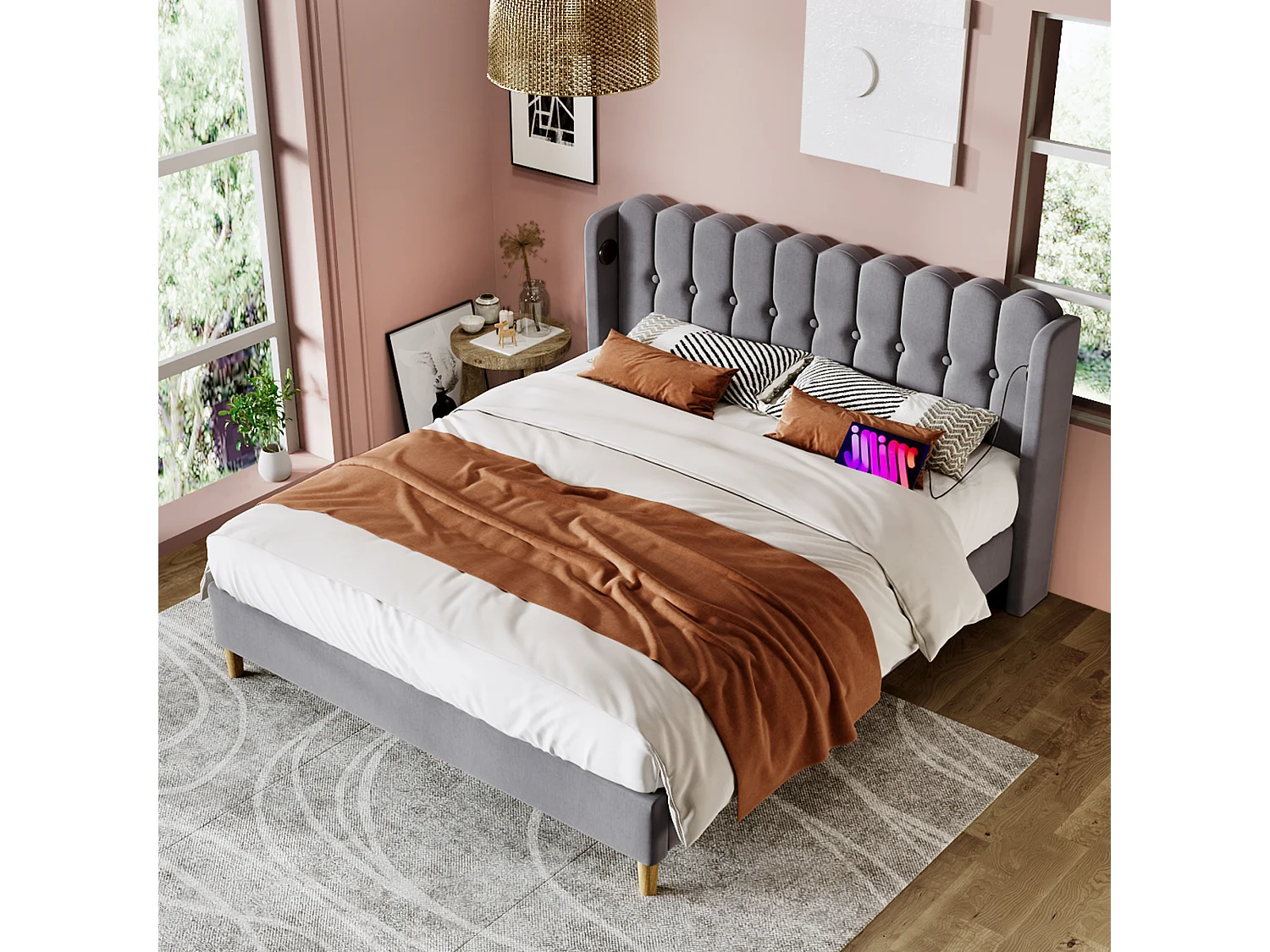 Lit double 160x200 cm avec USB et USB Type C, tête de lit capitonnée, lin gris (Avec matelas)