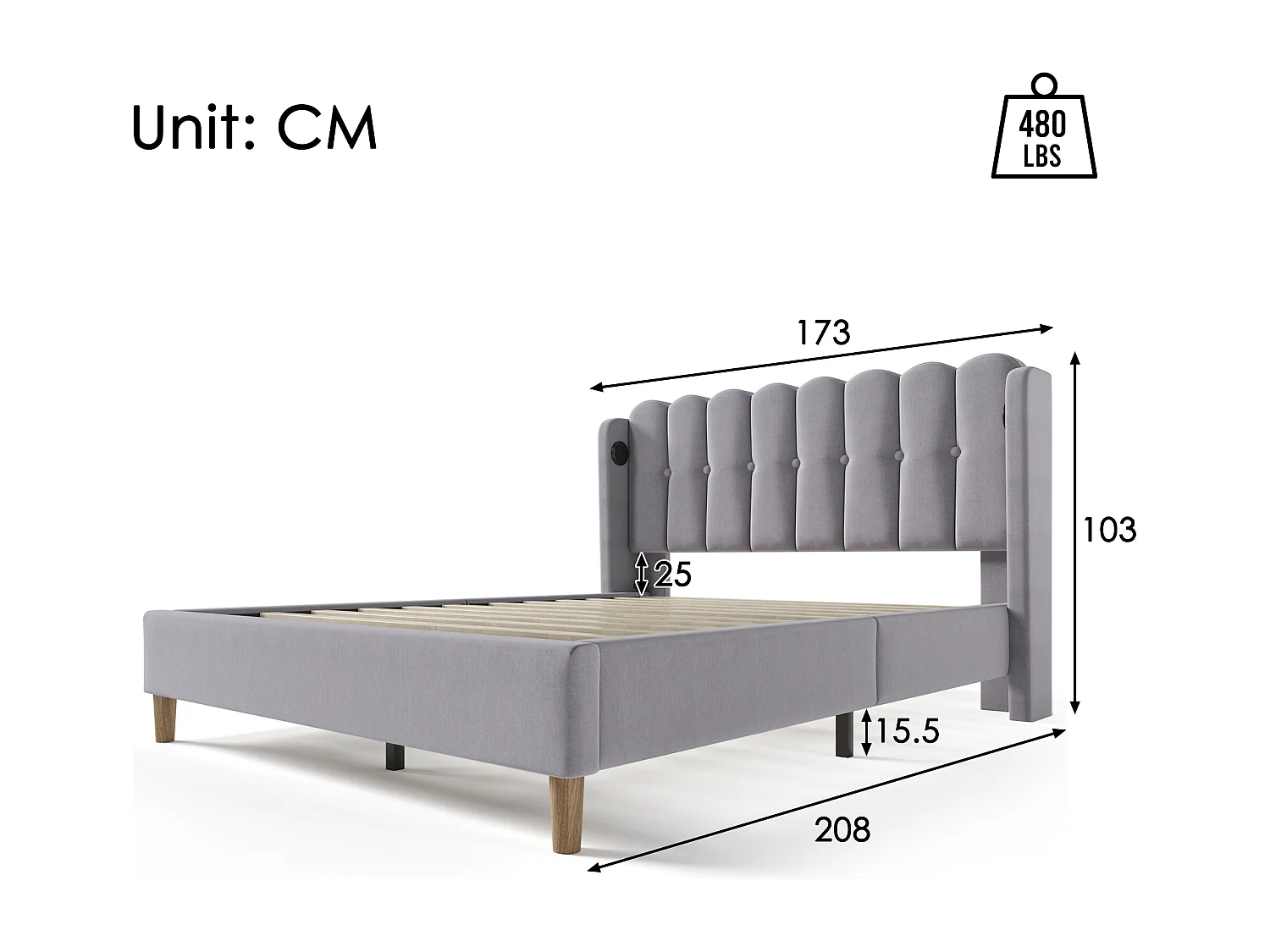 Lit double 160x200 cm avec USB et USB Type C, tête de lit capitonnée, lin gris (Avec matelas)