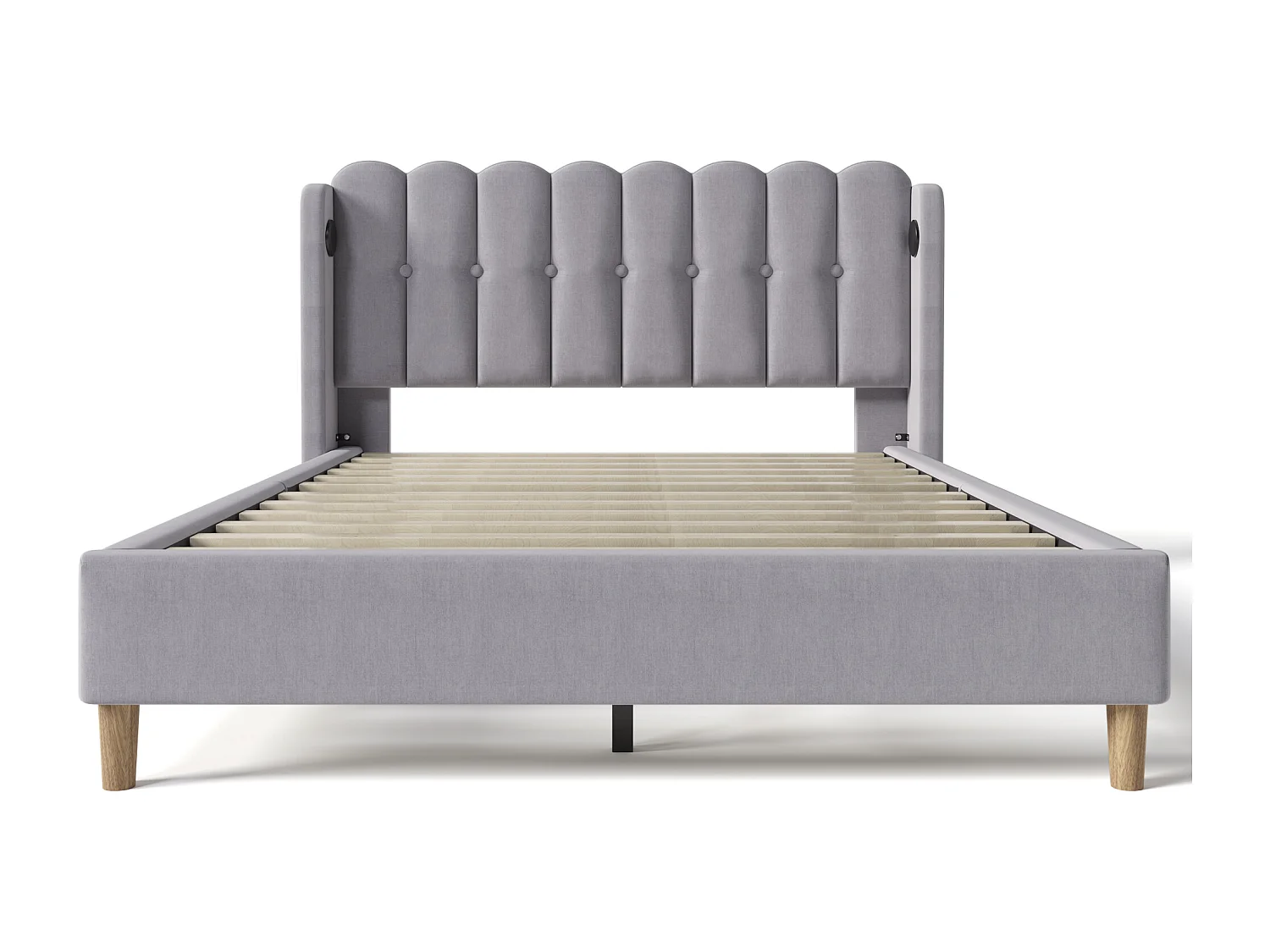 Lit double 160x200 cm avec USB et USB Type C, tête de lit capitonnée, lin gris (Avec matelas)