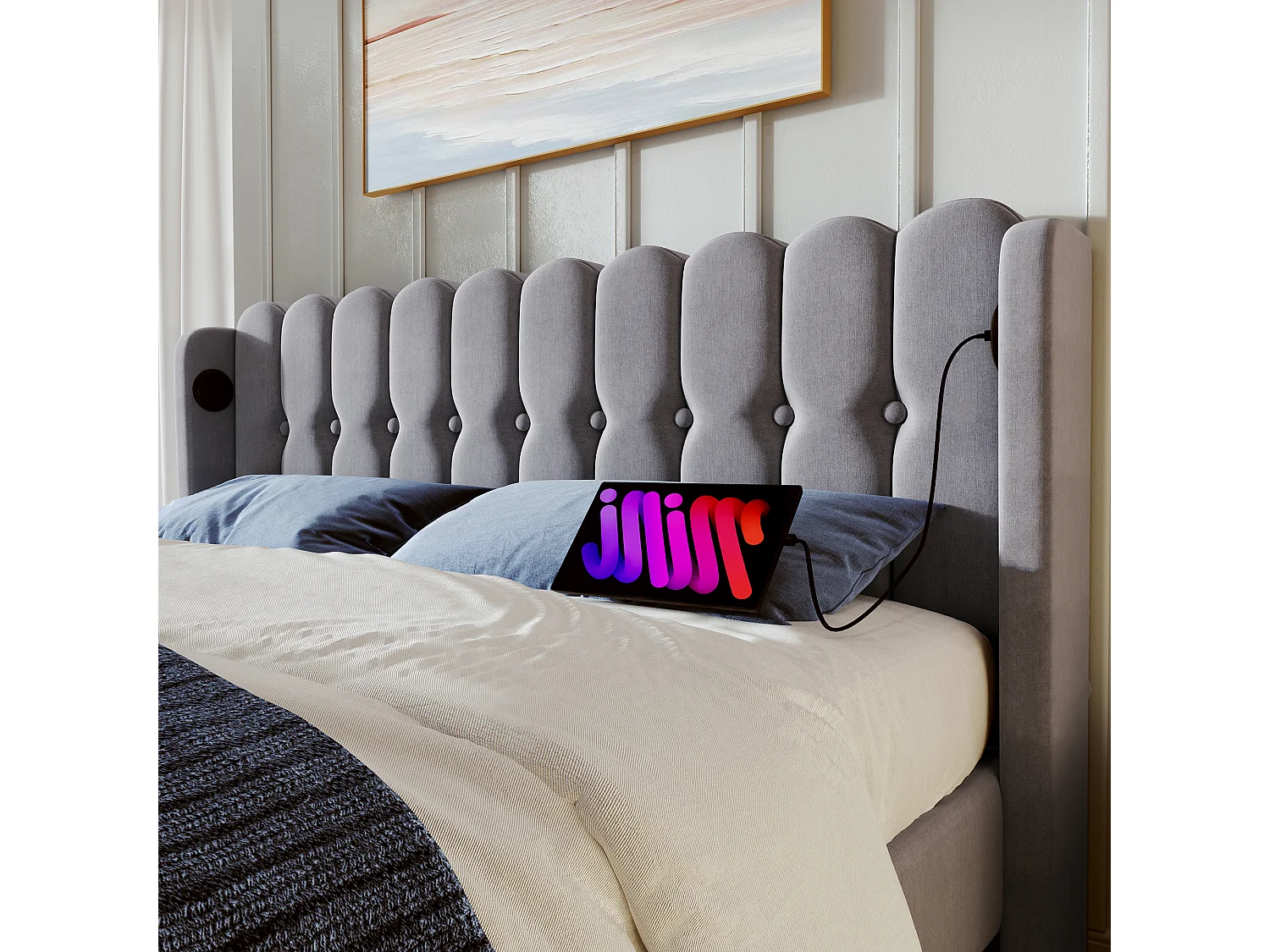 Lit double 160x200 cm avec USB et USB Type C, tête de lit capitonnée, lin gris (Avec matelas)