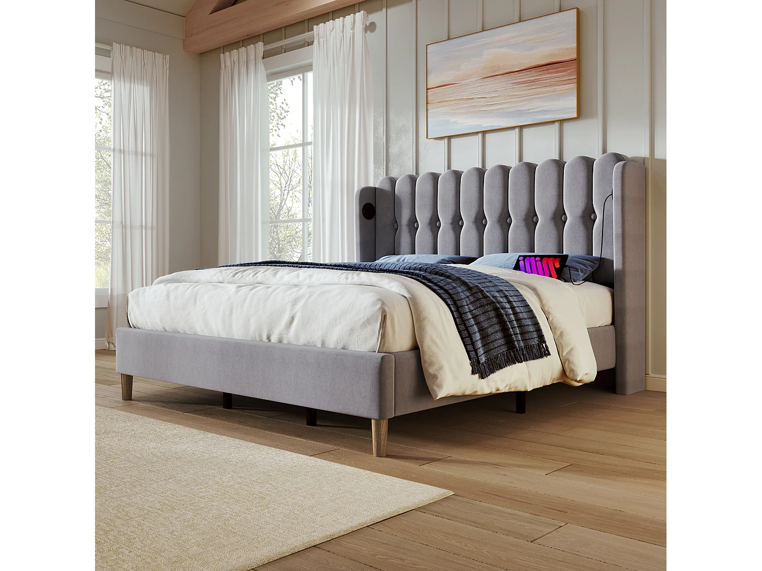 Lit double 160x200 cm avec USB et USB Type C, tête de lit capitonnée, lin gris (Avec matelas)