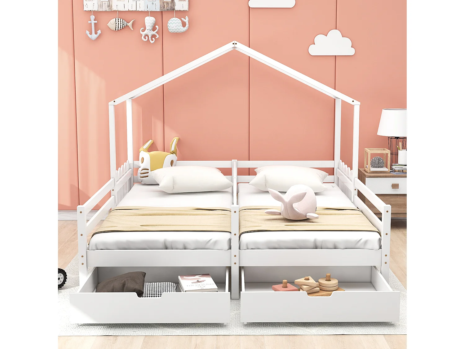 Lit enfant 90x200 cm avec 2 tiroirs et barrières, bois et MDF blanc (Sans matelas)