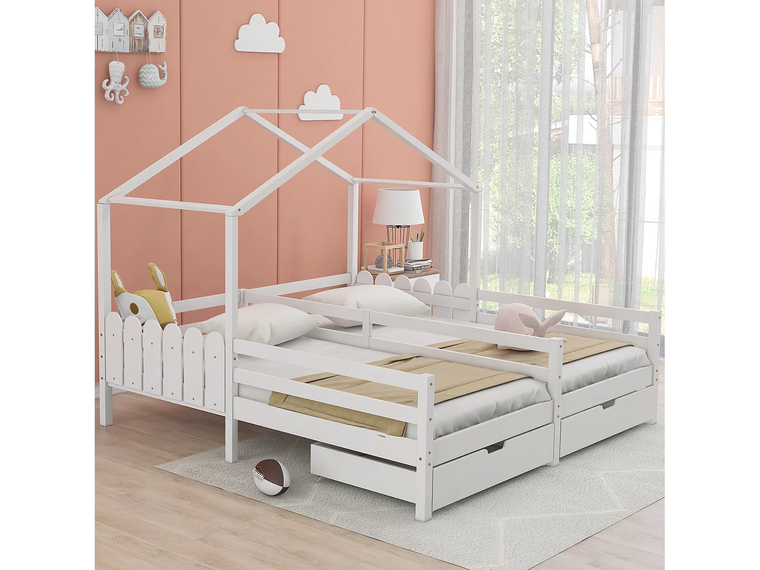 Lit enfant 90x200 cm avec 2 tiroirs et barrières, bois et MDF blanc (Sans matelas)