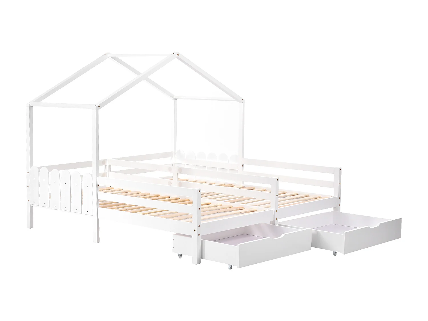 Lit enfant 90x200 cm avec 2 tiroirs et barrières, bois et MDF blanc (Sans matelas)