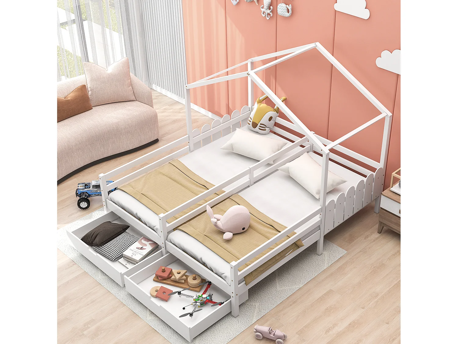 Lit enfant 90x200 cm avec 2 tiroirs et barrières, bois et MDF blanc (Sans matelas)