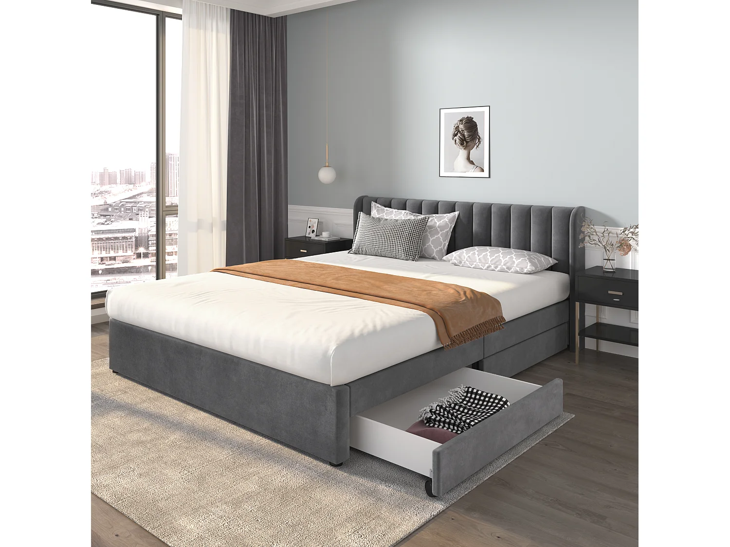 Lit double 180x200 cm avec sommier à lattes, tête de lit haute et 2 tiroirs, velours, gris (Sans matelas)