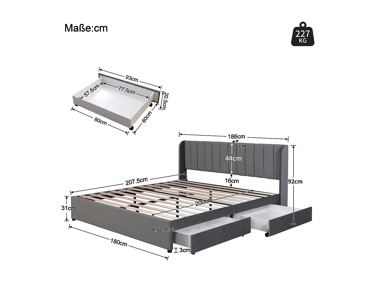 Lit double 180x200 cm avec sommier à lattes, tête de lit haute et 2 tiroirs, velours, gris (Sans matelas)
