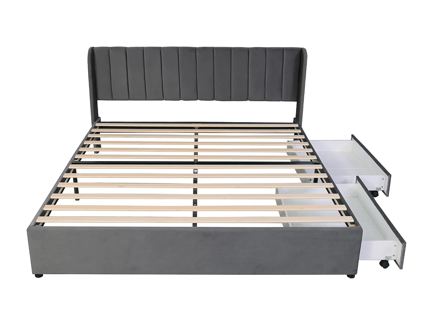 Lit double 180x200 cm avec sommier à lattes, tête de lit haute et 2 tiroirs, velours, gris (Sans matelas)