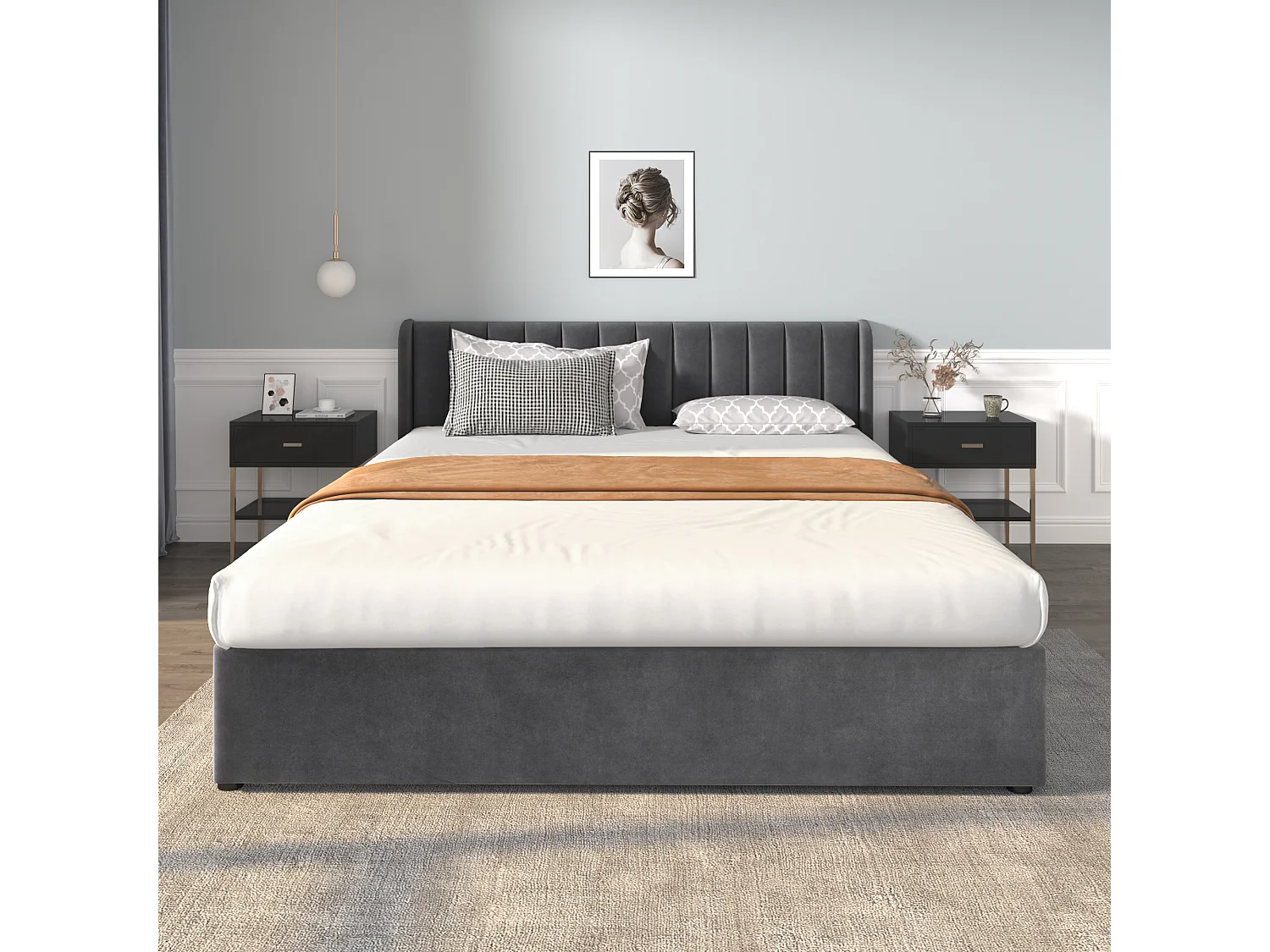 Lit double 180x200 cm avec sommier à lattes, tête de lit haute et 2 tiroirs, velours, gris (Sans matelas)