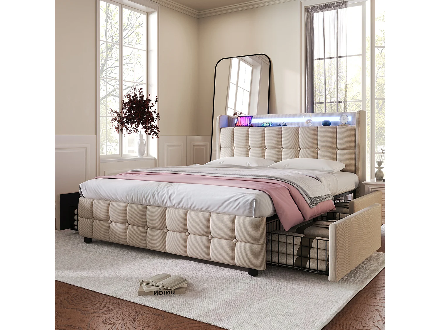 Lit double 160x200 cm avec LED et prises USB, 4 tiroirs, bois, beige (Avec matelas)
