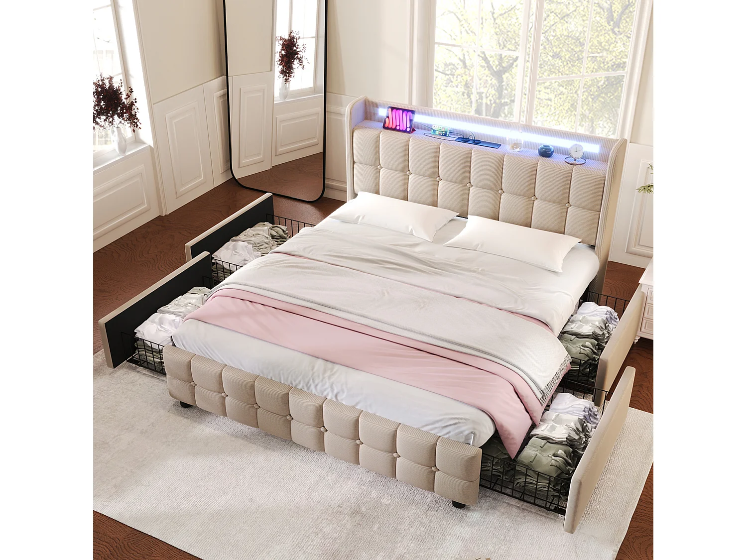 Lit double 160x200 cm avec LED et prises USB, 4 tiroirs, bois, beige (Avec matelas)