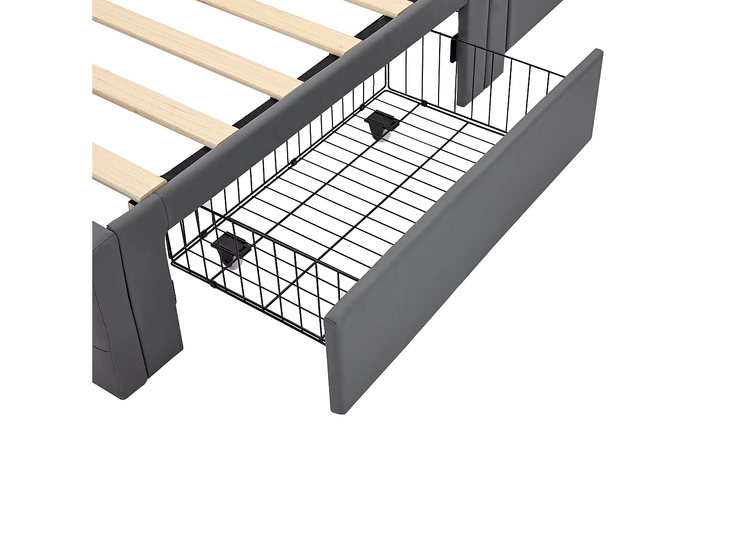 Lit adulte 140x200 cm avec sommier - tête de lit capitonnée avec USB LED et 4 tiroirs - similicuir - gris (sans matelas)