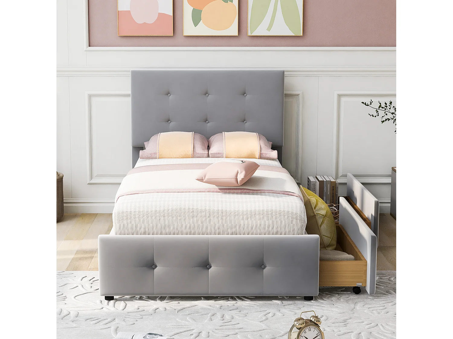 Lit simple 90x200 cm avec sommier à lattes, tête de lit et tiroir, tissu rembourré gris (Sans matelas)