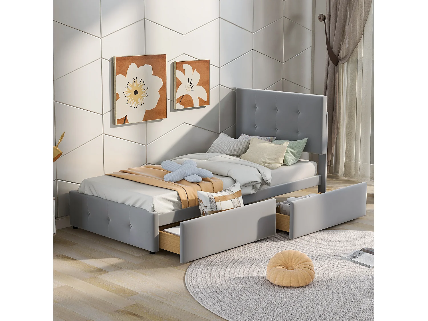 Lit simple 90x200 cm avec sommier à lattes, tête de lit et tiroir, tissu rembourré gris (Sans matelas)