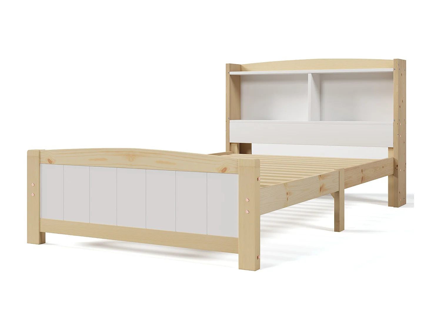 Lit enfant 90x200cm avec tête de lit à rangement cadre en bois sommier à lattes - Couleur naturelle - (sans matelas)